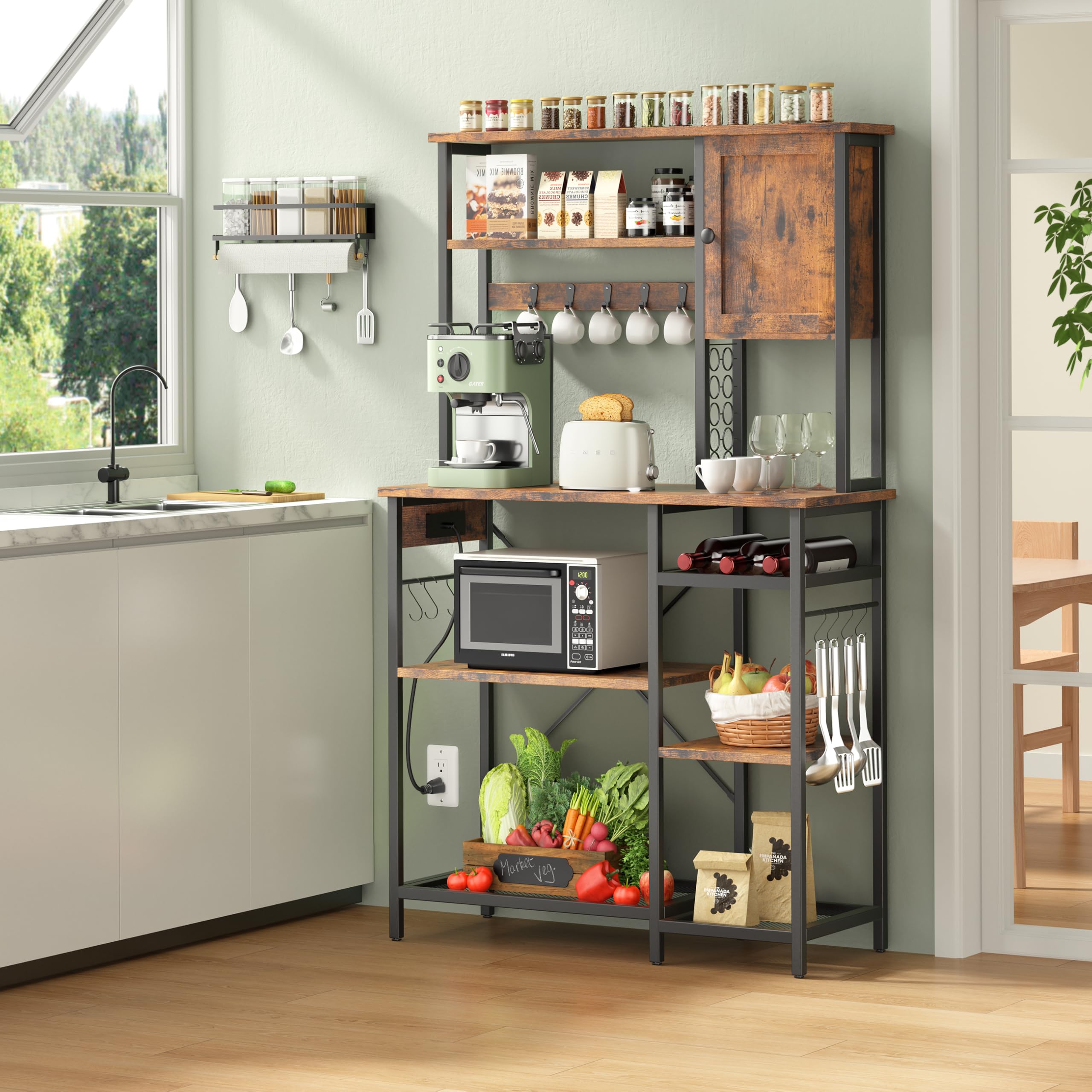 5-Tier Metal Bakers Rack with Power Outlet & Storage - Microwave Stand, Coffee Bar Organizer with K-Cup Holder, 39.37