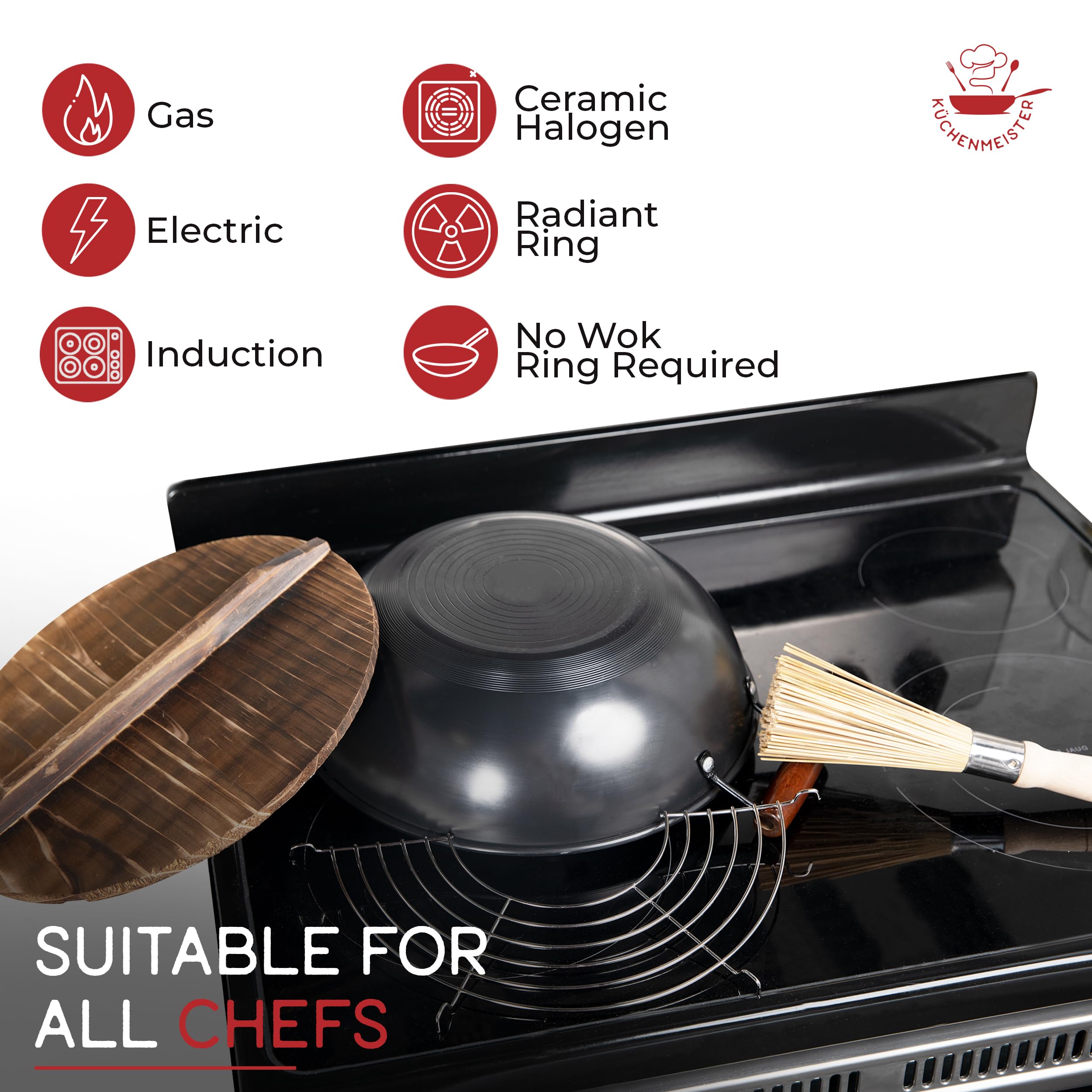 Küchenmeister 12.5-Inch Carbon Steel Wok Pan with Lid - Nonstick Flat Bottom Stir Fry Pan for Induction, Gas, Electric & Halogen Stoves | Includes Brush & Oil Strainer | Perfect for Asian Cooking, Stir-Frying & Home Chefs