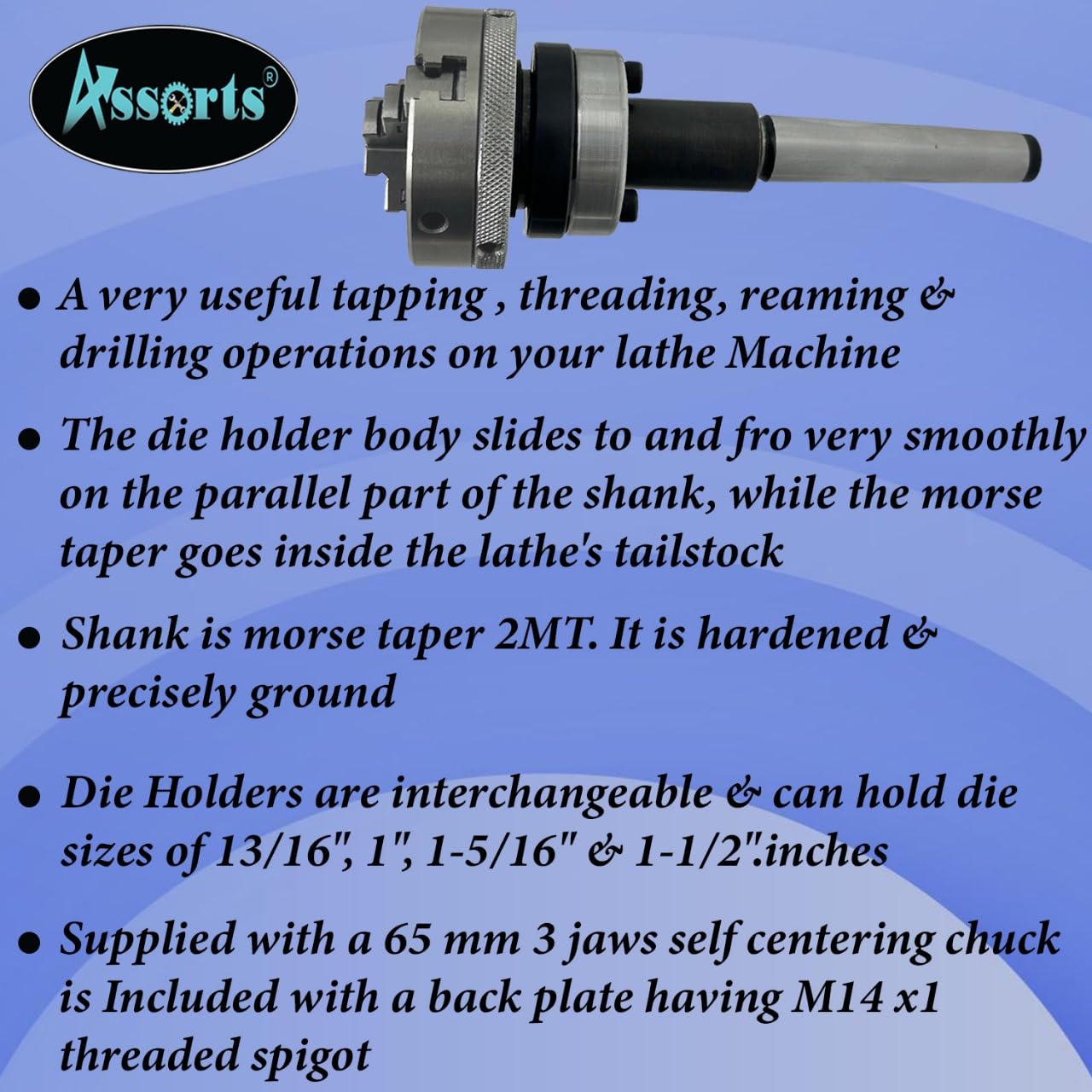 2MT Shank Lathe Tailstock Die Holder - Tapping, Threading, Reaming & Drilling Tool with 65mm Chuck for Metalworking & DIY Projects