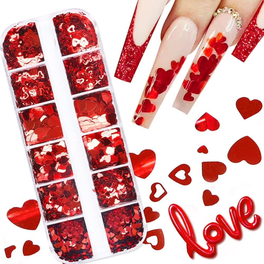 Valentine's Day Nail Art Glitters - 3D Heart Shaped Holographic Nail Sequins for Women & Girls | 12 Grids Red Sparkling Hollow Heart Nail Decor | Perfect for Valentine's Day Manicures, Parties & Special Occasions