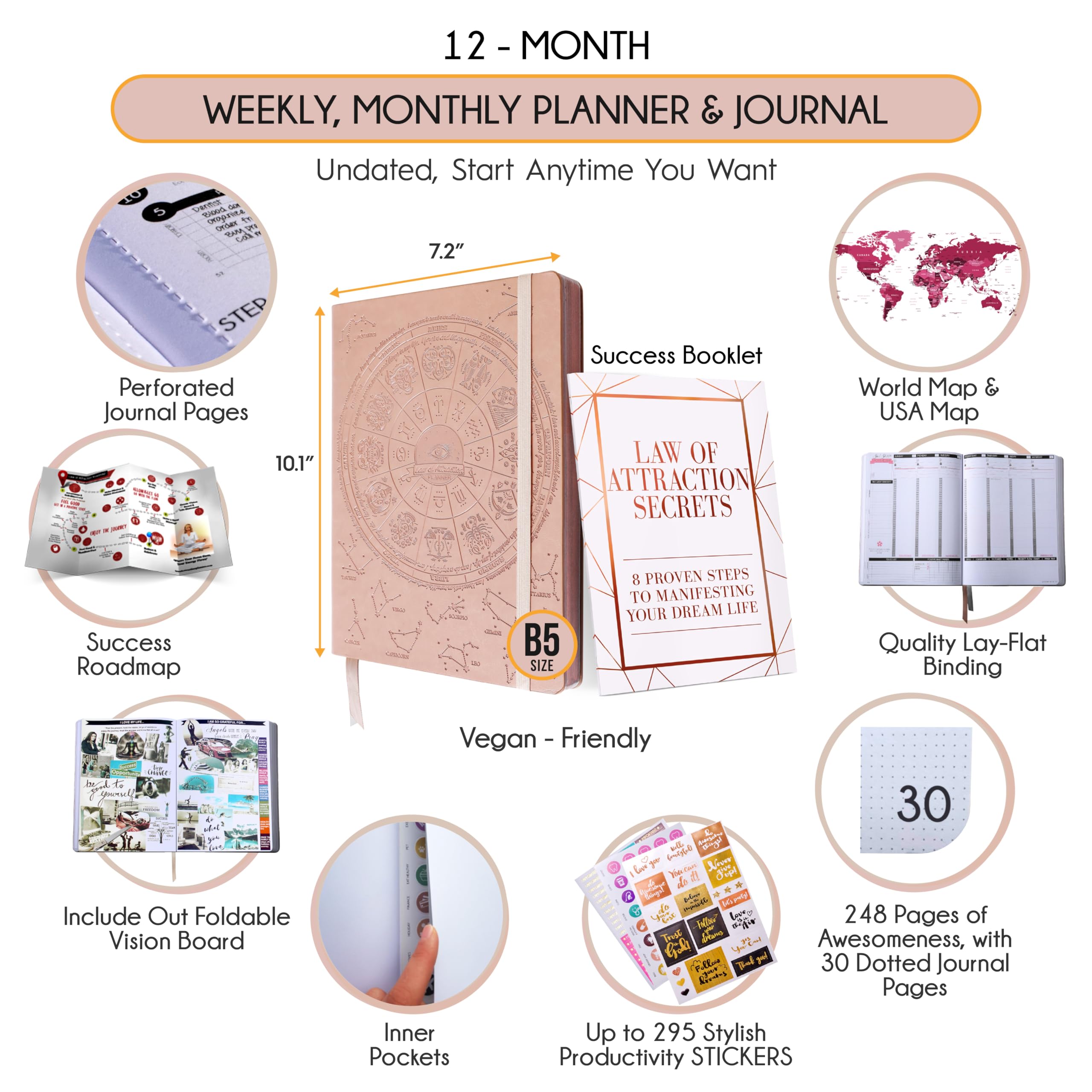 Law of Attraction Planner 2025 – Undated Productivity Planner with Hourly, Weekly & Monthly Goal Tracking | 12-Month Life Organizer, Gratitude Journal | Includes Vision Board, Gift Box & Stickers | Perfect for Manifestation, Self-Care & Personal Growth