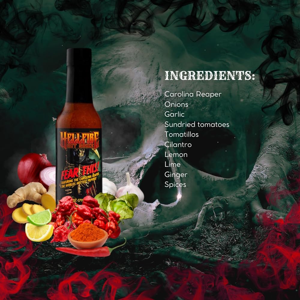 Hellfire Fear This! Award Winning Carolina Reaper Hot Sauce - 5oz Bottle (148ml) - World's Hottest Pepper Sauce for Wings, Tacos, Burgers & Spicy Food Lovers