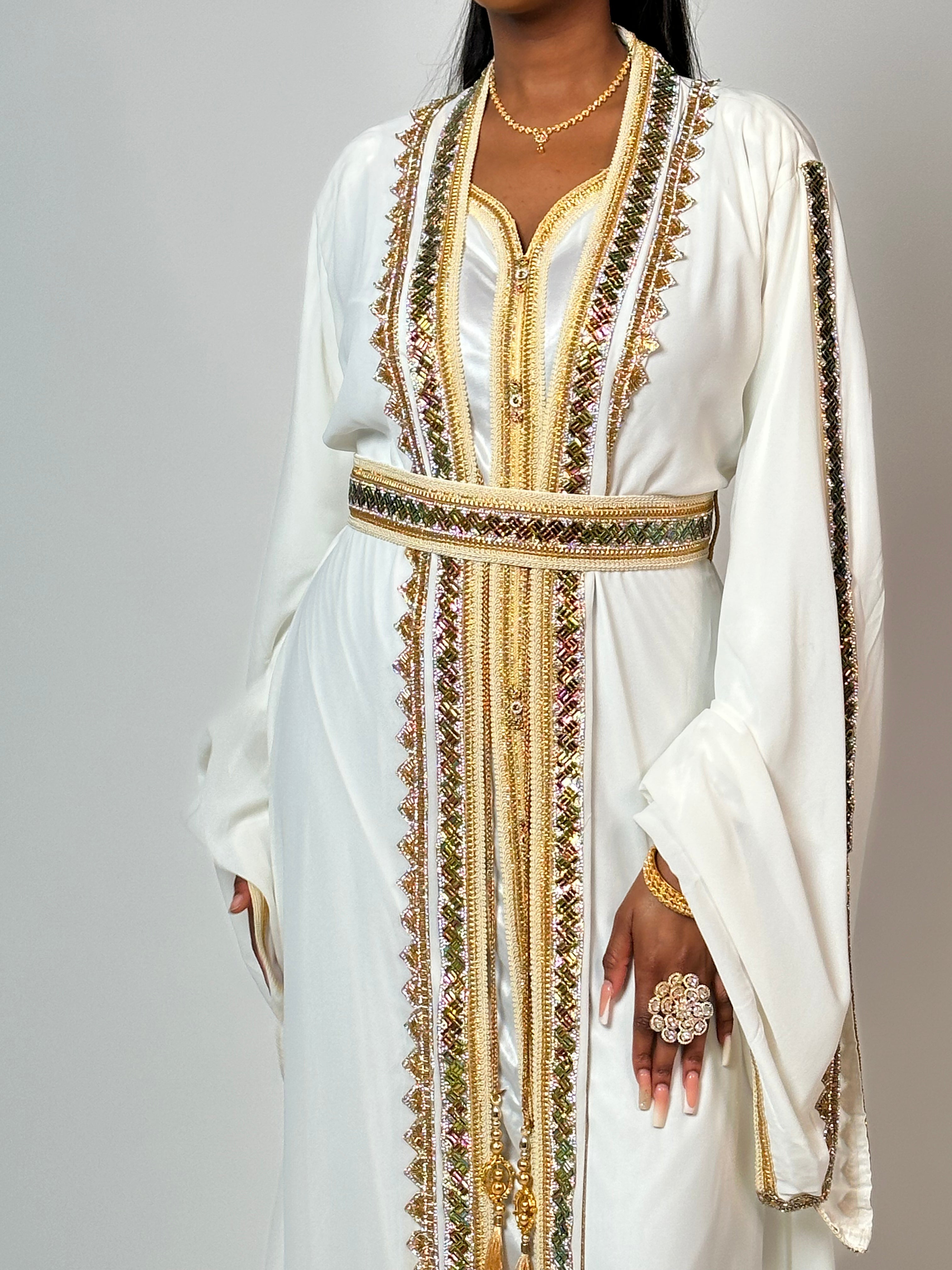 Elegant White and Gold Kaftan Dress for Women - Boho Chic Beach Cover Up, Pool Party, Summer Vacation & Resort Wear