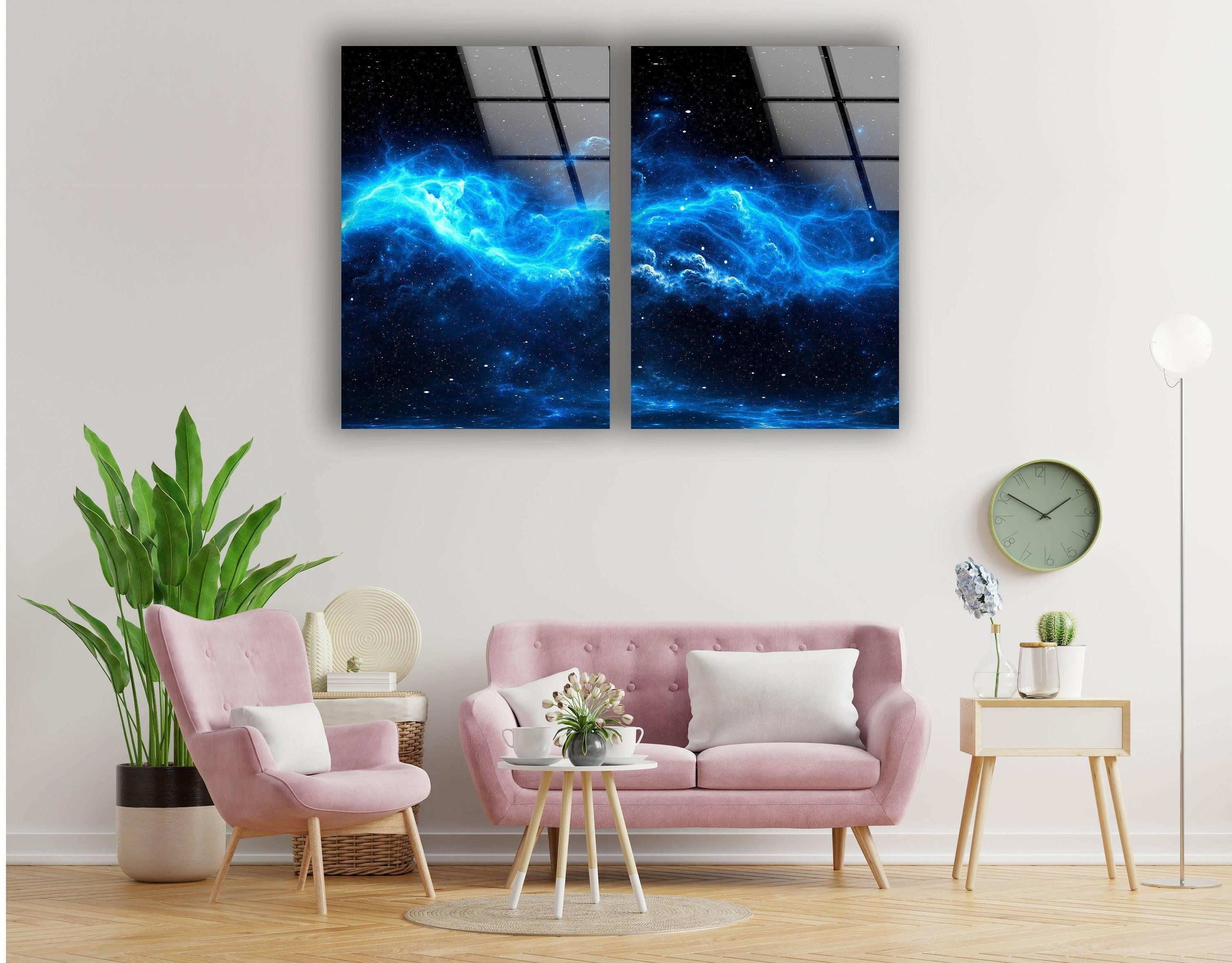 Blue Starry Cloudy Galaxy Glass Wall Art - Handmade Celestial Decor for Living Room, Bedroom & Office - Perfect for Home & Office Décor
