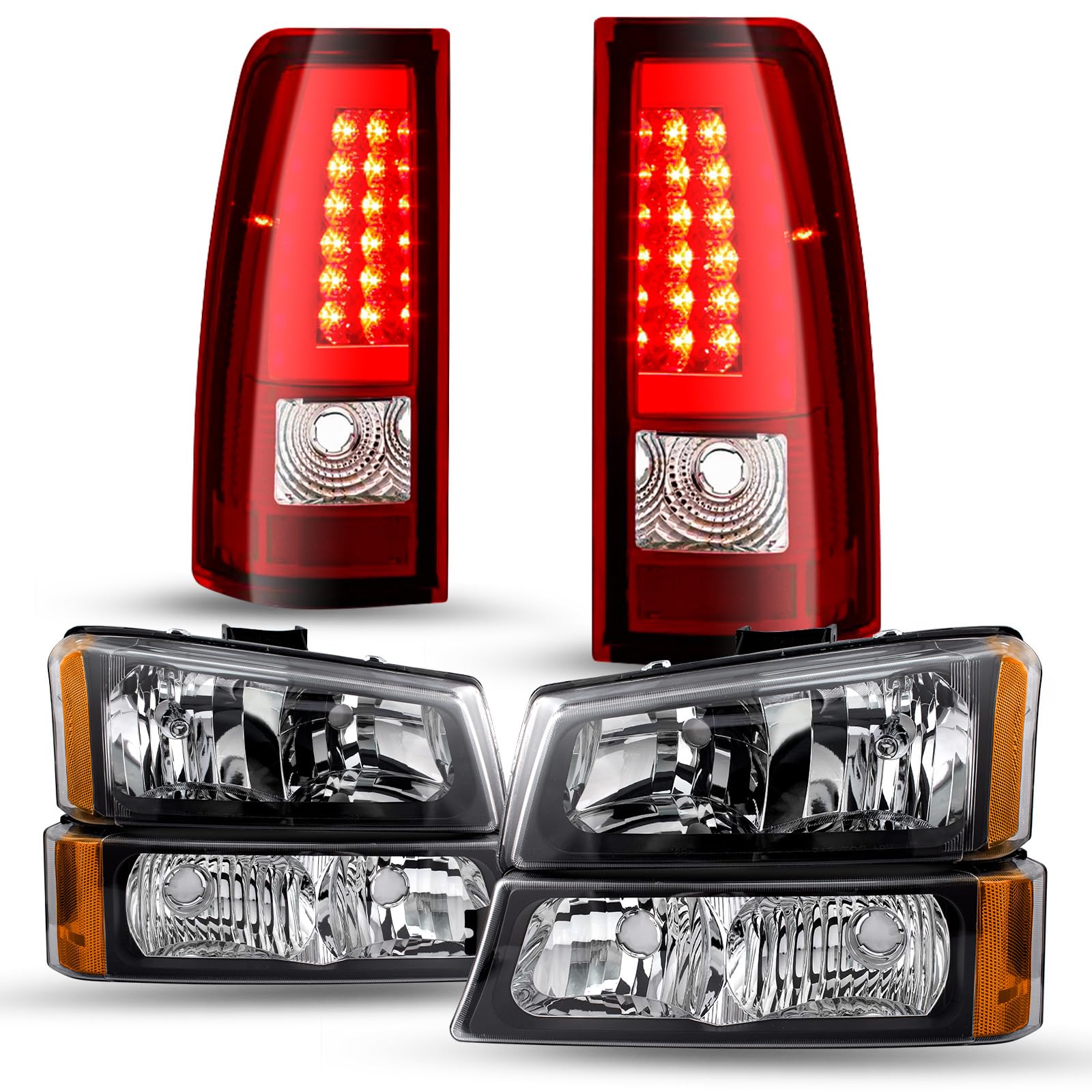 6-Piece Halogen Headlight & LED Tail Light Kit for 2003-2006 Chevy Silverado 1500/2500HD/3500 & Avalanche, 2007 Silverado Classic - Black Housing with Bumper Lights & Bulbs Included - Upgrade Your Truck Lighting for Night Driving & Off-Road Adventures