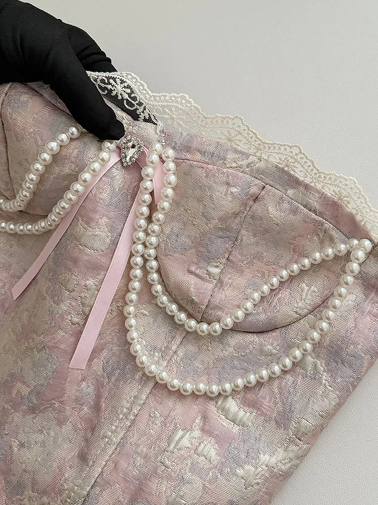 Elegant Lolita Dress for Women - Sweet Luxury Prom Gown with Pearl Chains | Sleeveless Vintage 2000s Aesthetic Party Dress | Perfect for Prom, Homecoming, Cosplay and Special Occasions