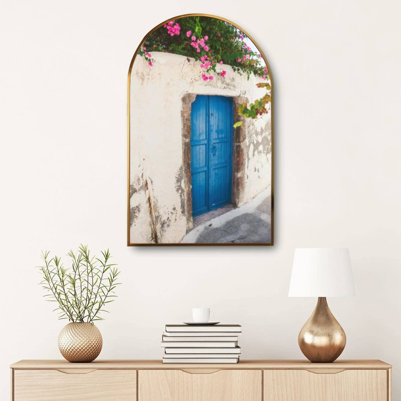 Large Framed Canvas Wall Art - Santorini Architecture with Bougainvillea - Greece Landscape Painting for Living Room, Bedroom & Office Decor - Minimalist Aesthetic Print for Home & Workspace