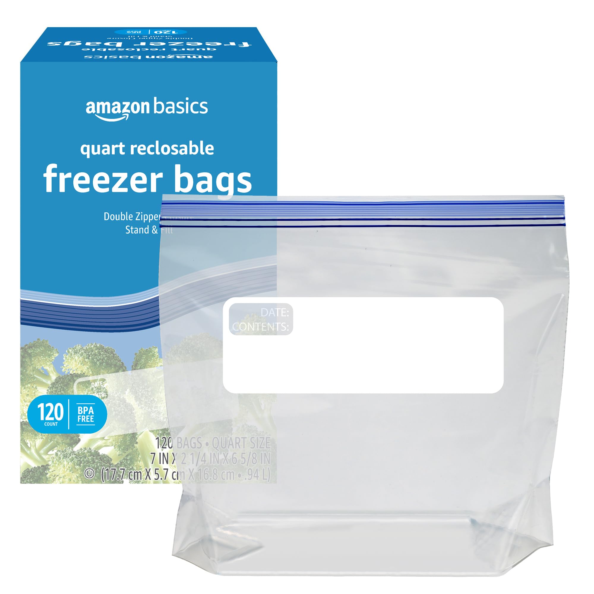 Amazon Basics Freezer Quart Bags, 120 Count - Heavy Duty Storage Bags for Freezing Food, Meal Prep & Sous Vide - BPA Free, Leak Proof (Previously Solimo)