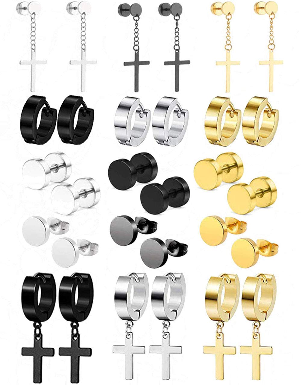 Jewdreamer 15 Pairs Stainless Steel Stud & Dangle Earrings Set for Men & Women - Cool Huggie Hoop Earrings for Cartilage, Helix, Lobe Piercing - Perfect for Parties, Gifts & Everyday Fashion