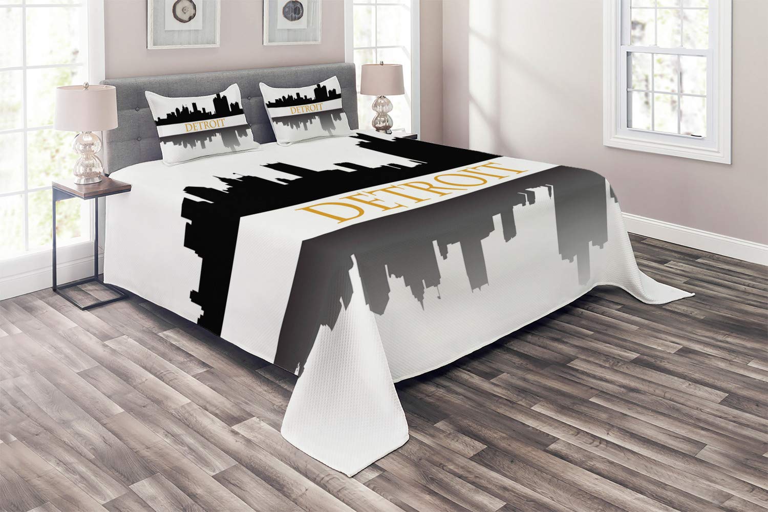 Lunarable Detroit Skyline Bedspread Set - 3 Piece Quilted King Size Coverlet with 2 Pillow Shams, Earth Yellow & Black, Michigan Cityscape Design | Perfect for Home Decor, Guest Room Bedding & American Travel Theme Bedrooms