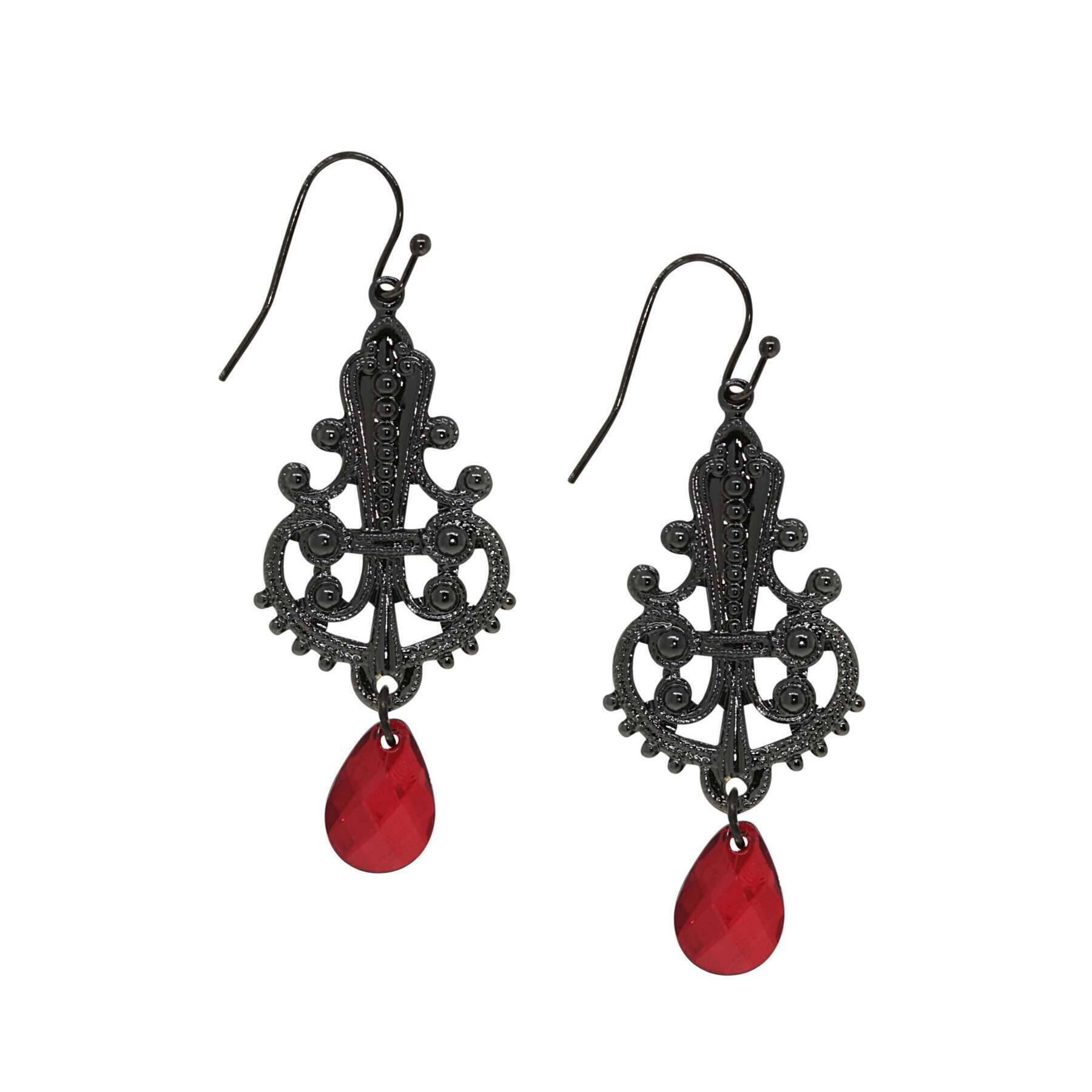 1928 Jewelry Black Royal Filigree Ornamental Red Briolette Drop Earrings - Vintage Style Dangle Earrings for Women, Perfect for Weddings, Parties & Special Occasions