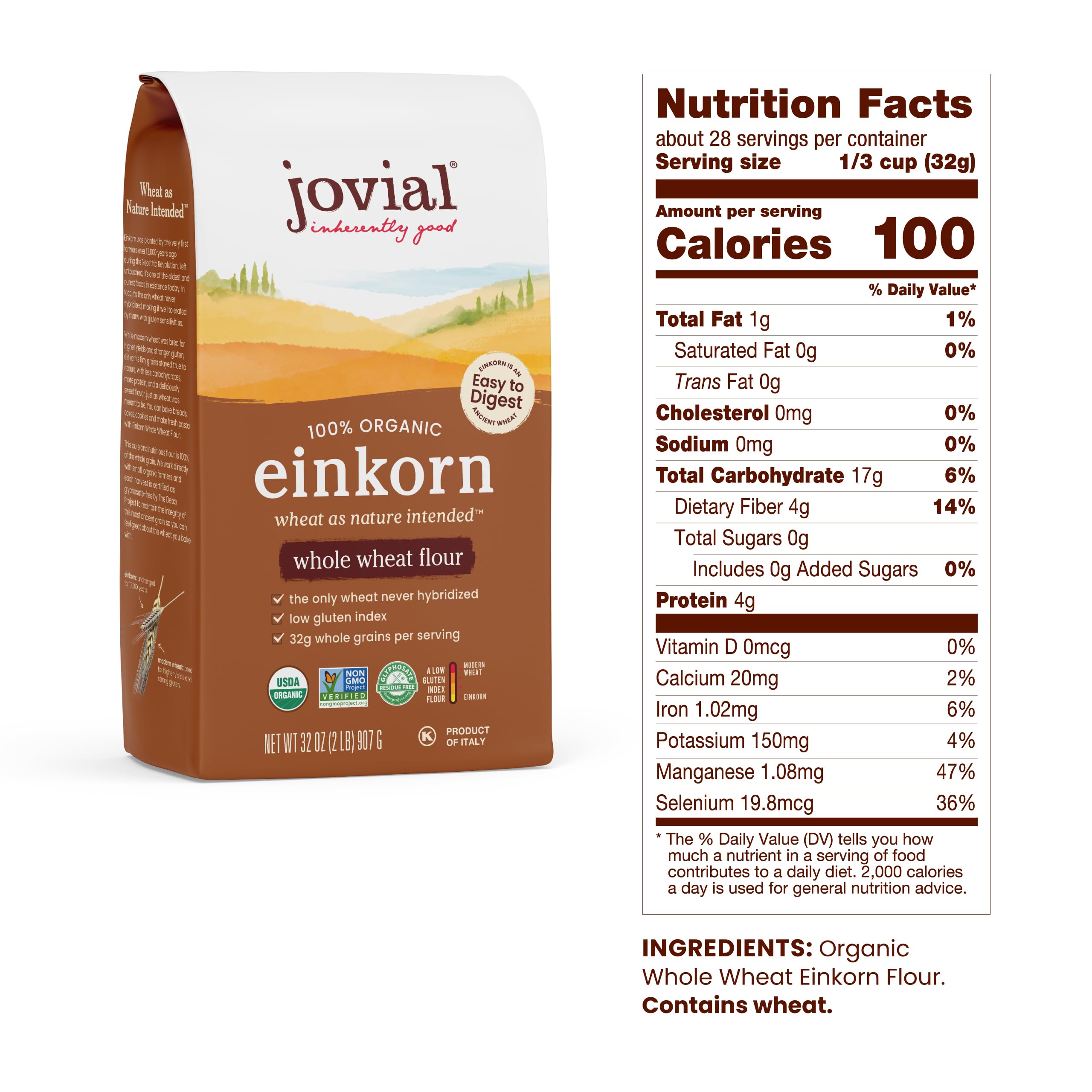Jovial Organic Einkorn Whole Wheat Flour - High Protein, Non-GMO, Glyphosate Free Bread & Pizza Flour for Sourdough, Pasta, Artisan Baking - 32 Oz | Perfect for Homemade Bread, Pizza Dough & Healthy Baking