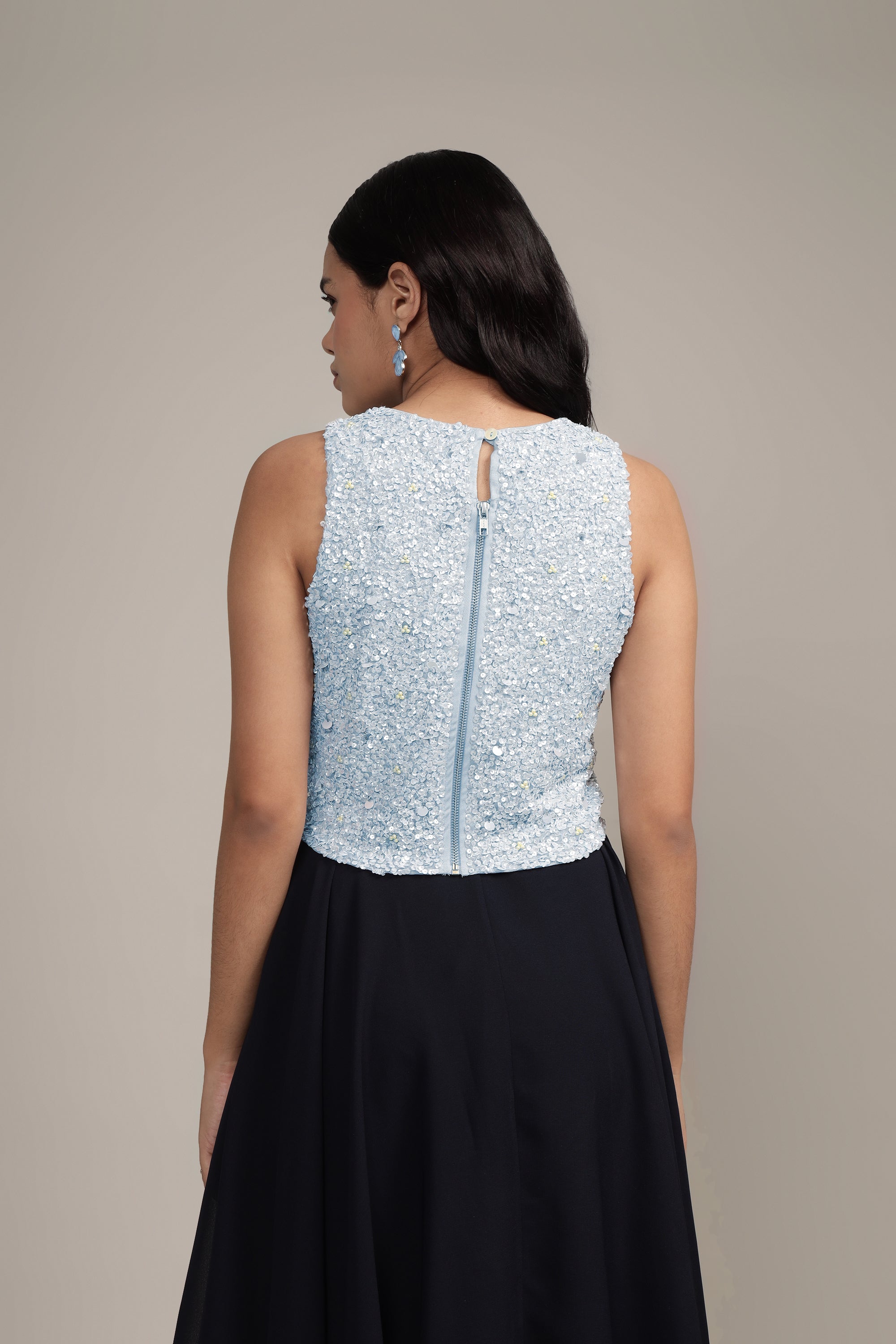 Light Blue Embellished Picasso Top for Women | Elegant Blouse for Casual Wear, Office & Special Occasions