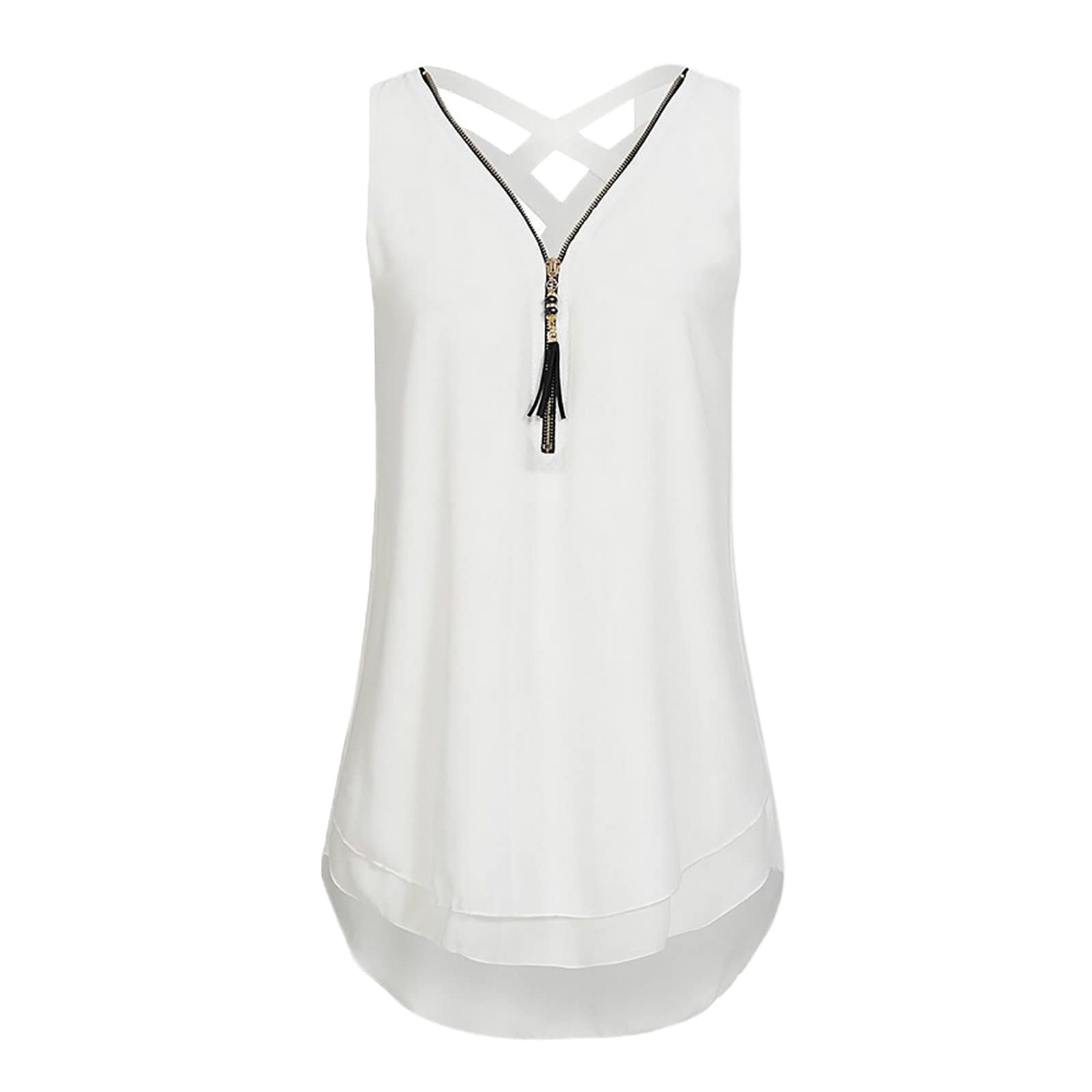 Women's Loose Sleeveless Cross Back Tank Top with V-Neck & Layered Hem - Casual Summer Tops for Beach, Gym & Everyday Wear