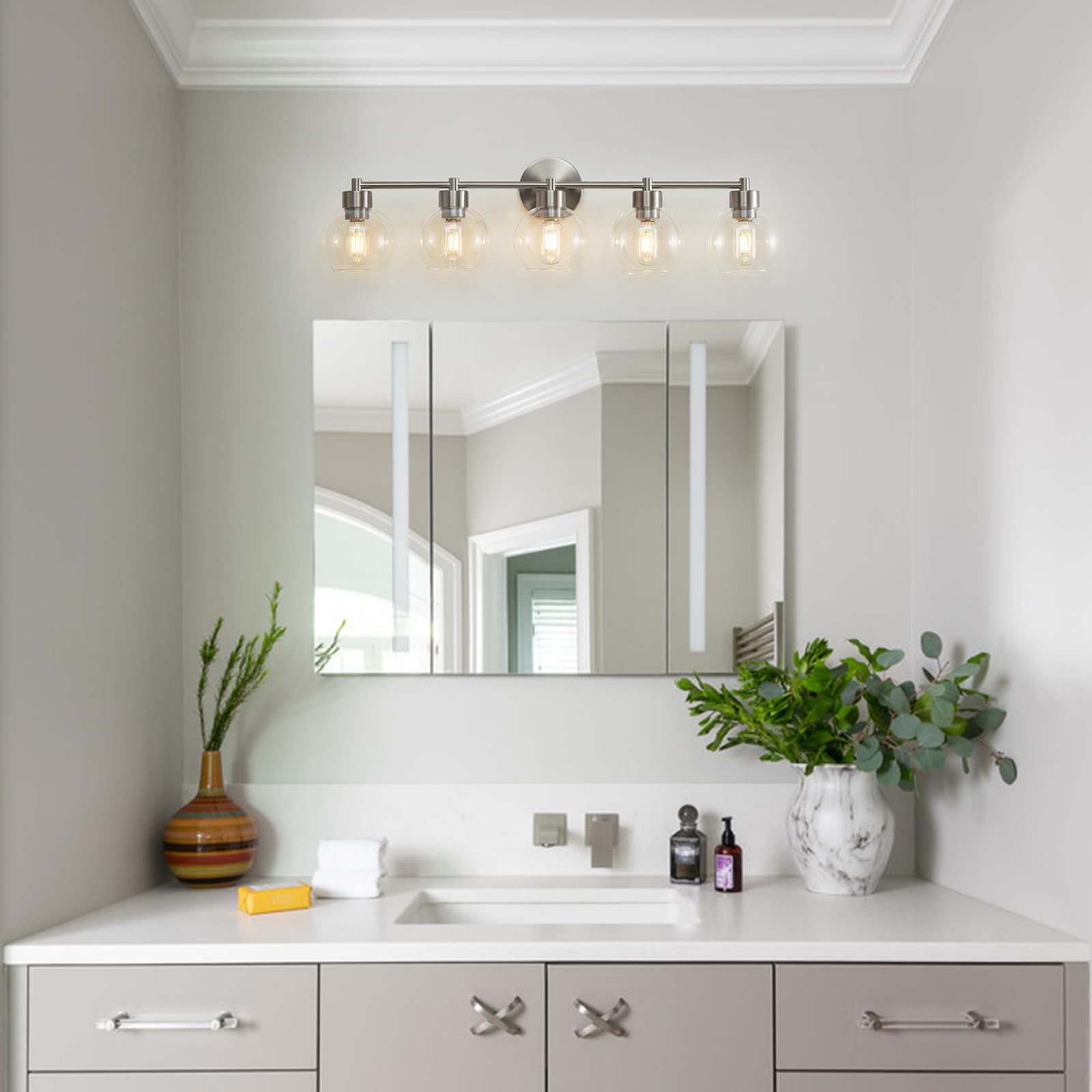 Matte Brushed Nickel 5-Light Vanity Light Fixture with Globe Glass Shade - Bathroom Mirror Lighting for Vanity, Stairs & Kitchen | Modern Home Decor Lighting Solution