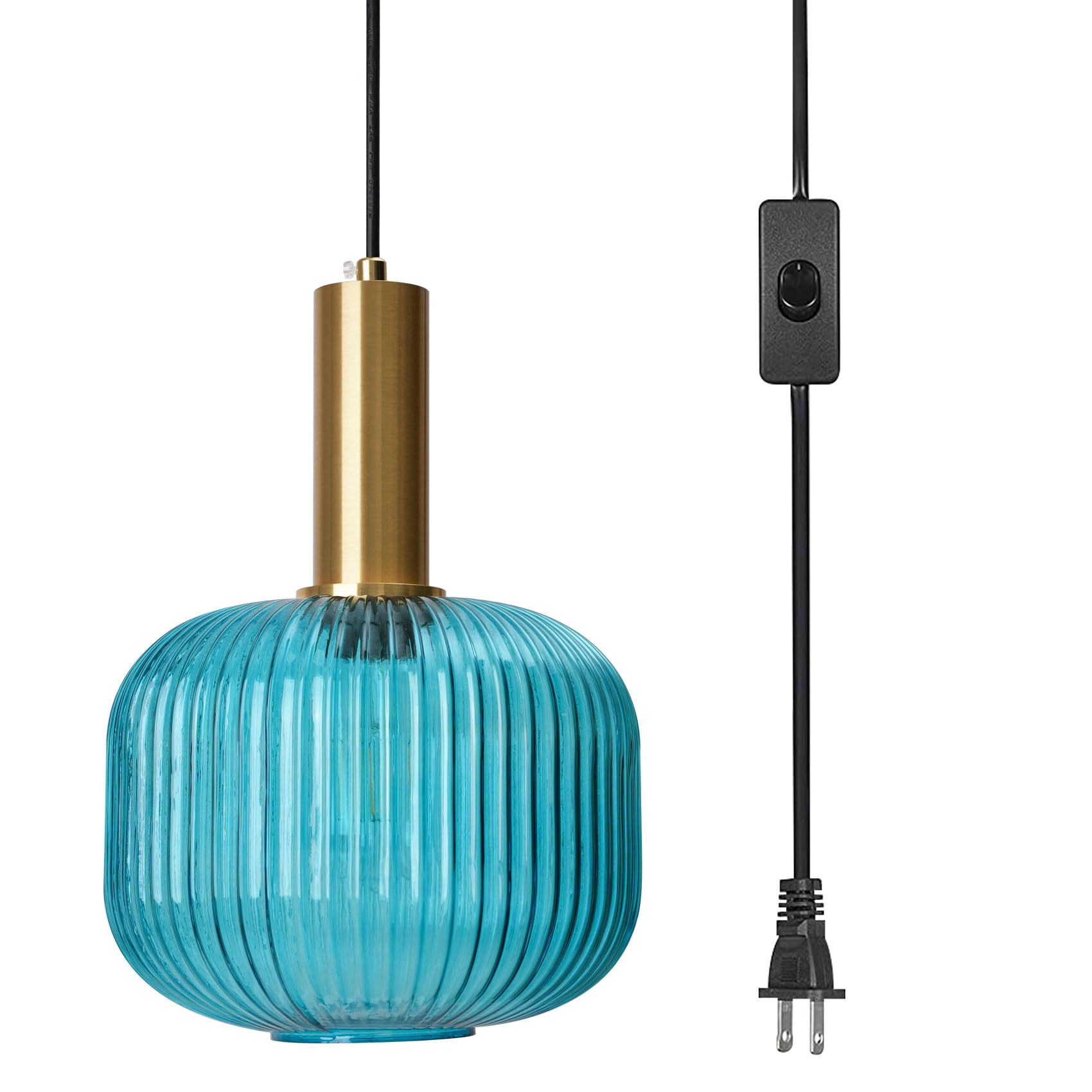 Vintage Blue Glass Pendant Light - Classic Striped Lantern Chandelier for Ceiling, Mid Century Modern Hanging Fixture | Perfect for Dining Room, Bedroom, Kitchen Island & Entryway Lighting Decor