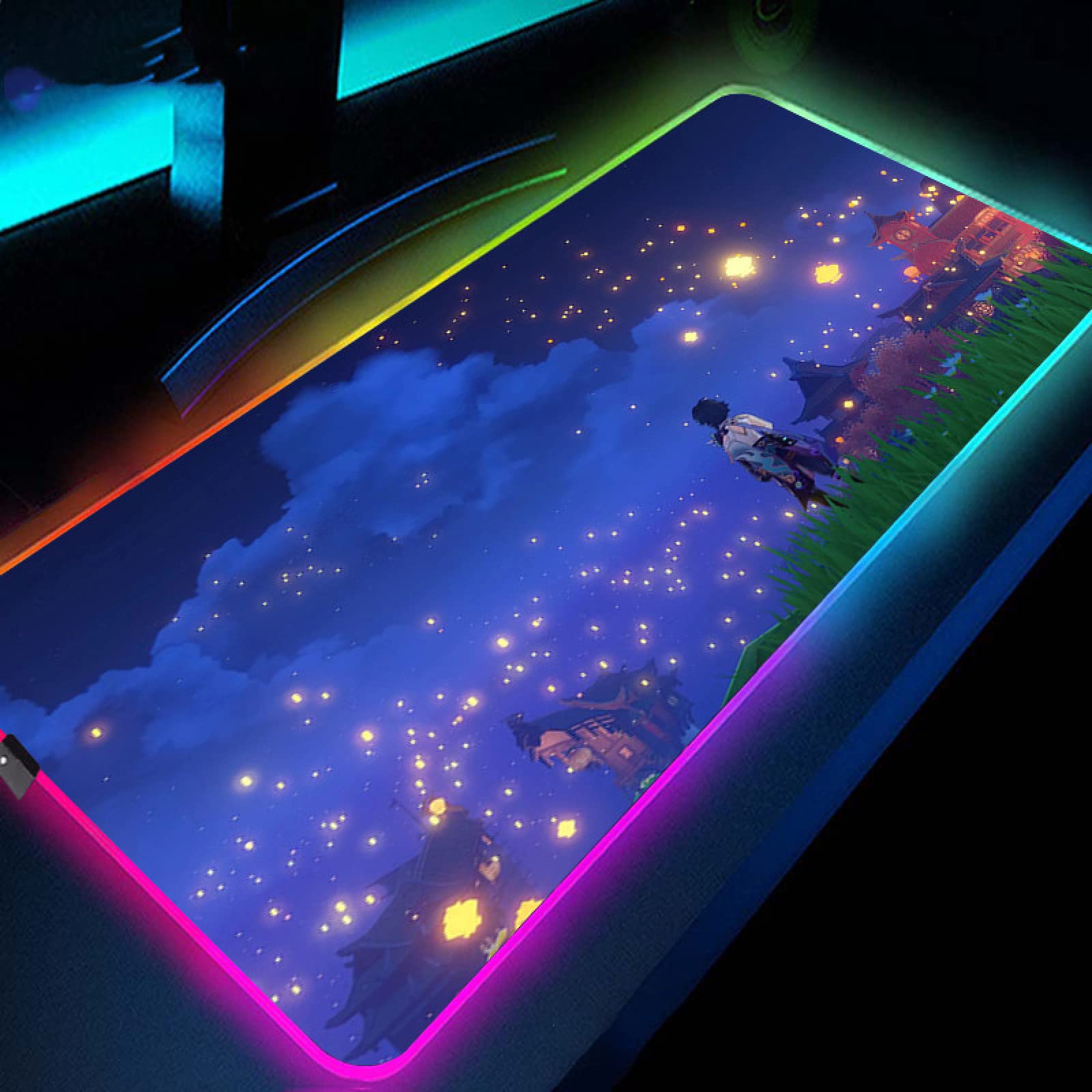 Genshin Impact RGB Gaming Mouse Pad - 14 Lighting Modes, Large LED Desk Mat (500x1200mm) with USB Ports for PC & Laptop | Anime Gaming Accessories for Night View Setup
