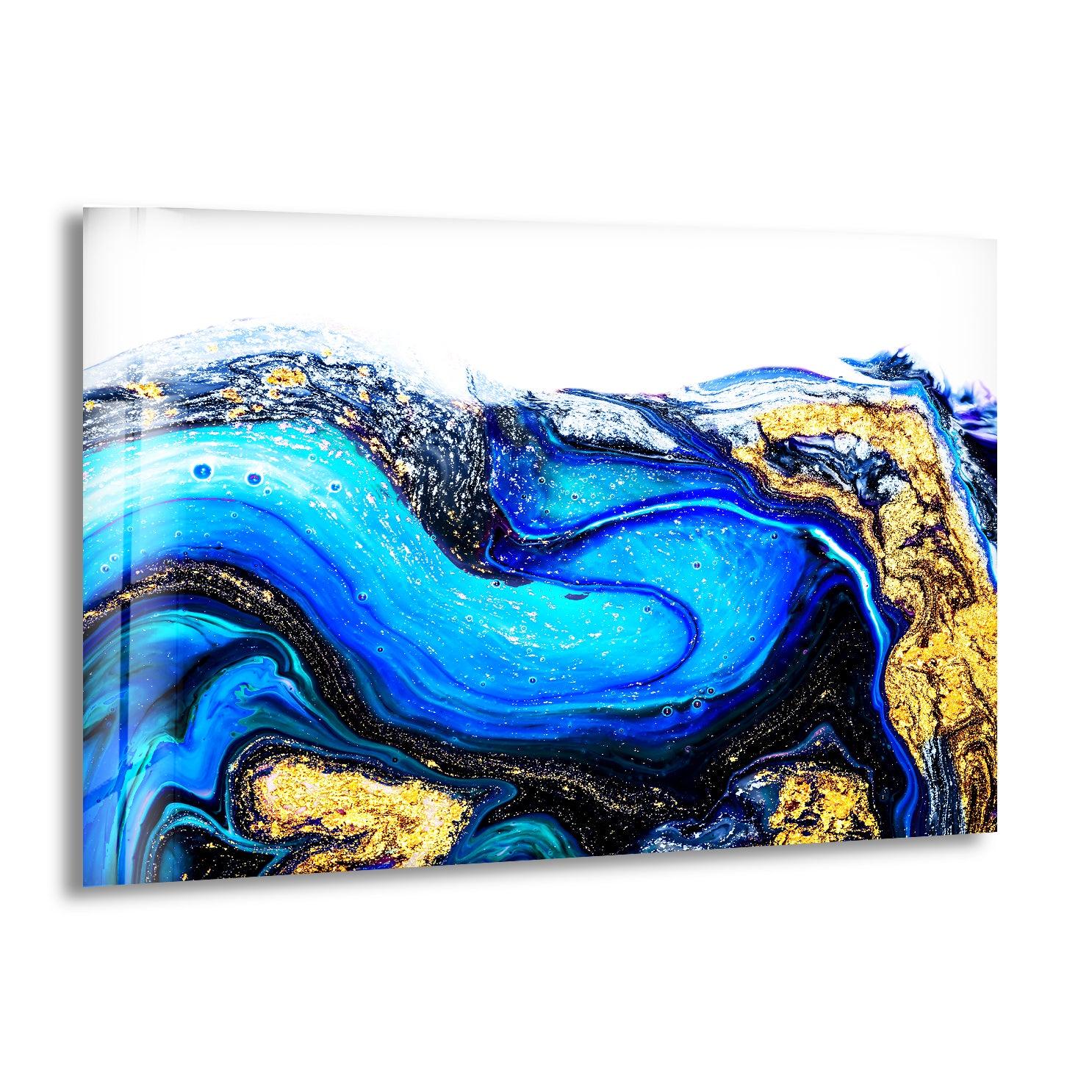 Blue Gold Marble Abstract Glass Wall Art - Modern Home Decor for Living Room, Bedroom & Office - Elegant Handmade Glass Panel for Contemporary Interior Design