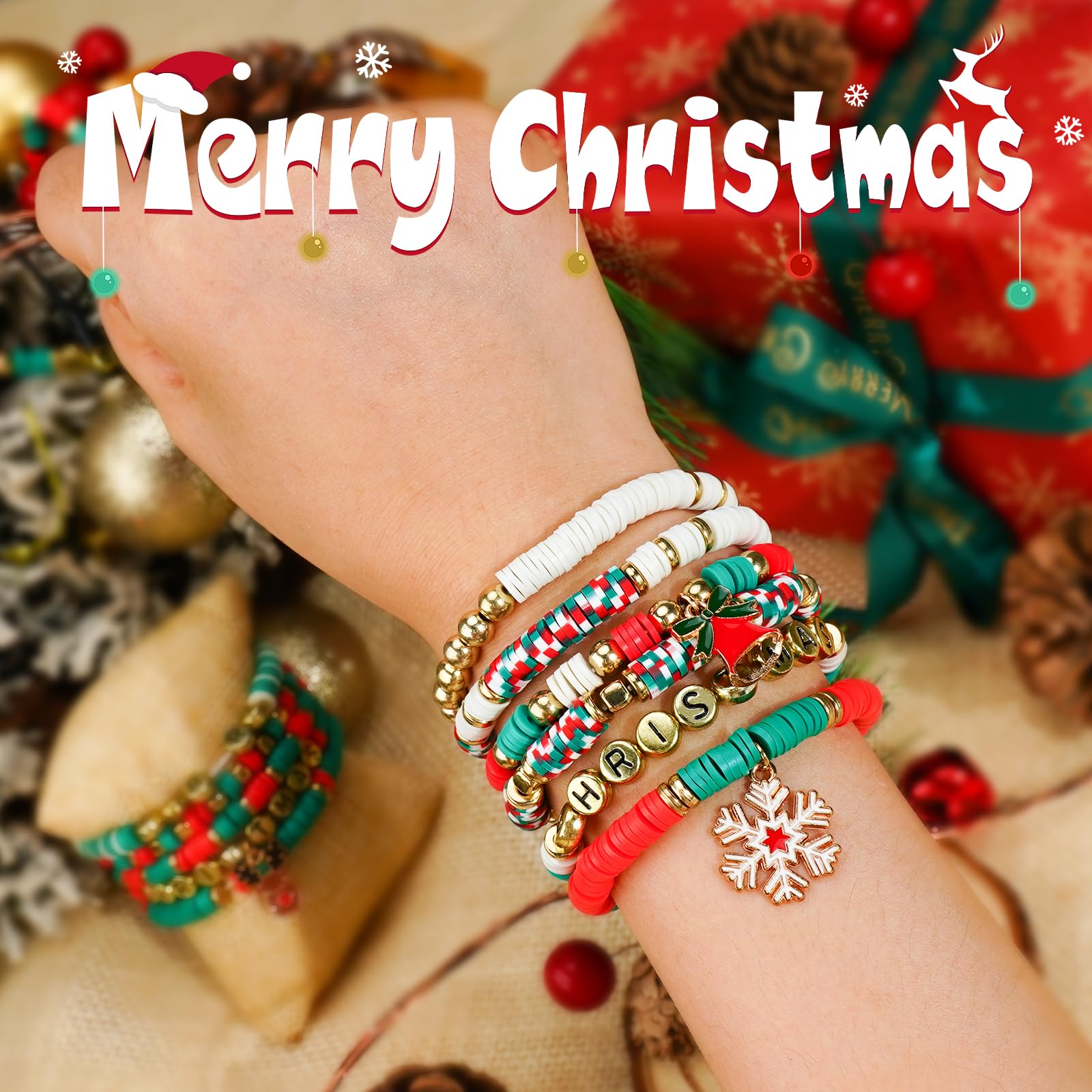 Gionlion Christmas Clay Beads Bracelet Making Kit - Golden Beads & Charms for DIY Jewelry, Christmas Crafts & Decorations - Perfect Holiday Gift for Teen Girls Ages 6-12 (Great for Christmas Parties, Stocking Stuffers & Craft Projects)