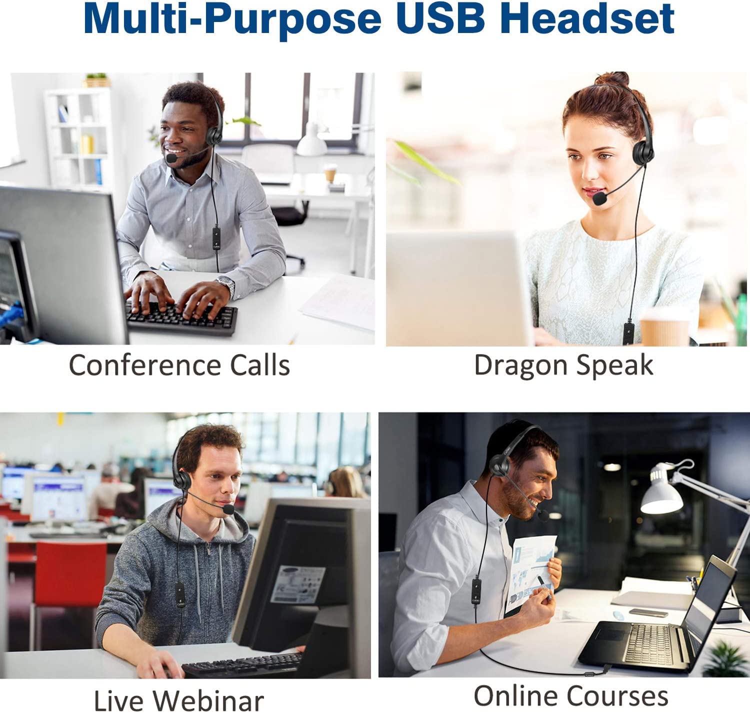 5 Pack USB Headset with Microphone - Noise Cancelling Stereo PC Headphones for Laptop, Computer, Zoom, Skype - Business Call Center Office Headset with Audio Controls - Clearer Voice, Super Light & Ultra Comfortable for Gaming, Online Meetings & Remote Work