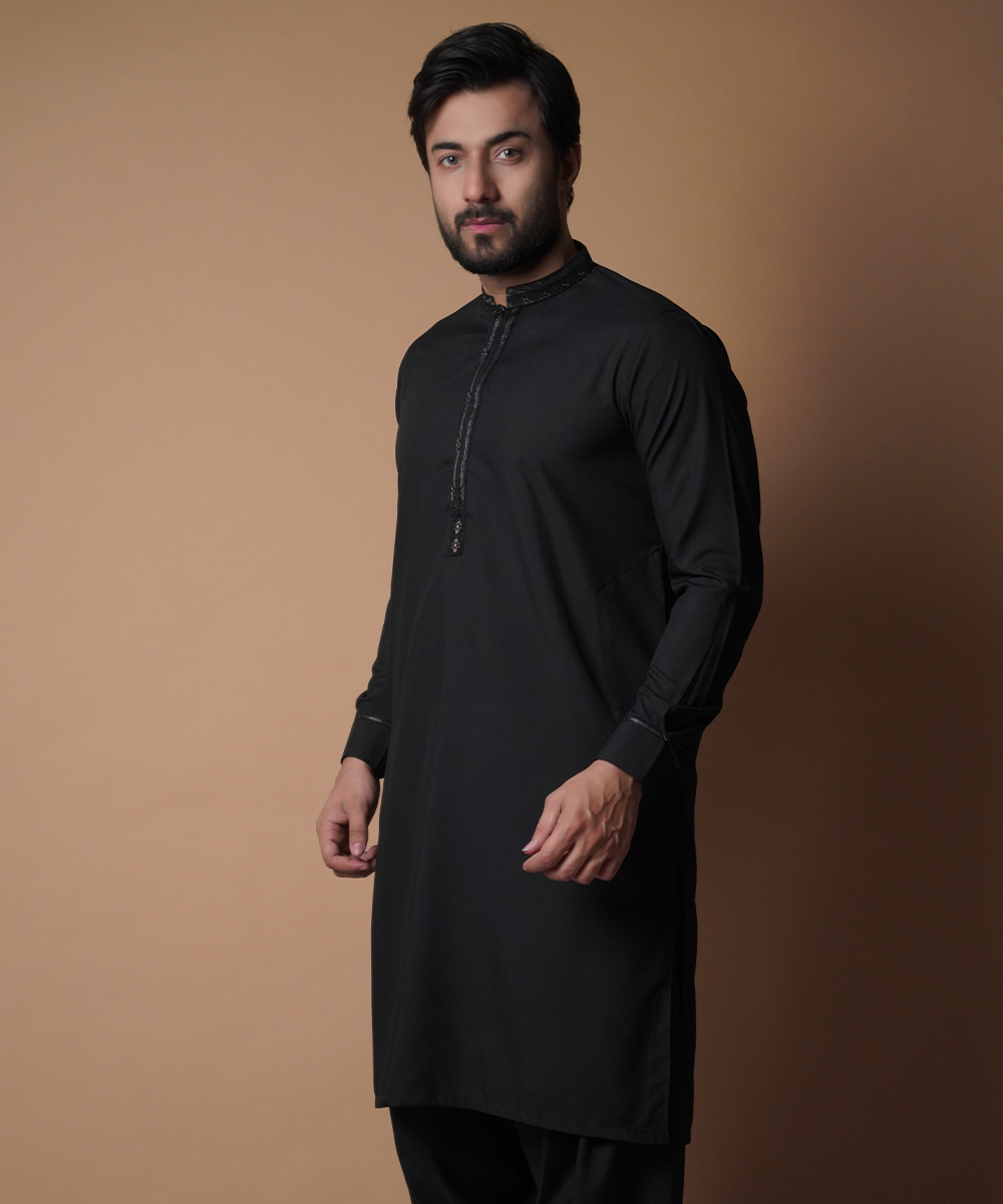 Elegant Jet Black Shalwar Kameez for Men - Traditional Pakistani Outfit for Weddings & Festivals | Premium Cotton Embroidered Kurta Pajama Set for Special Occasions