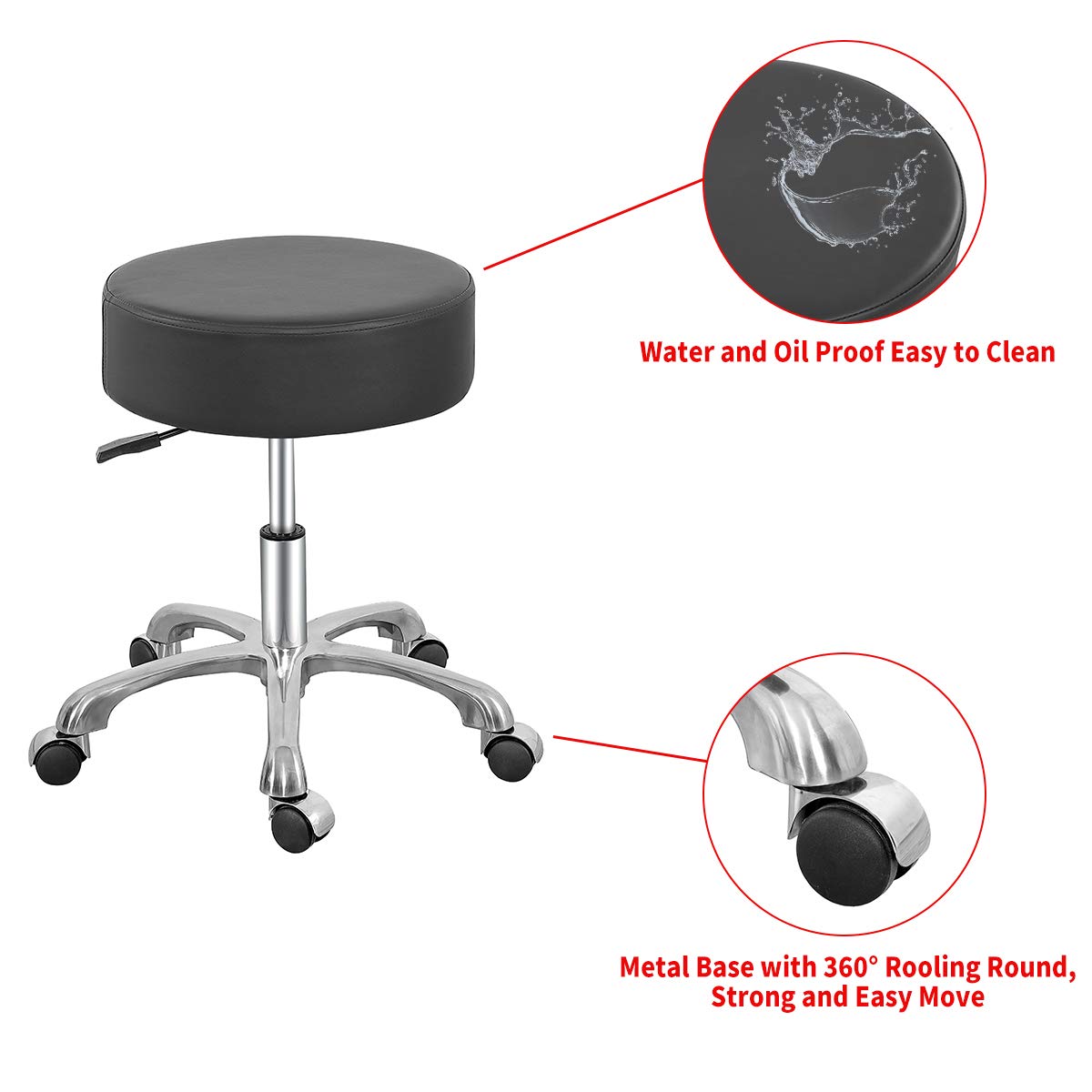 Swivel Rolling Stool with Thick Padding - Adjustable Round Chair with Wheels for Doctors, Medical Offices, Massage Salons & Workstations (Black) - Perfect for Healthcare, Beauty & Office Workspaces