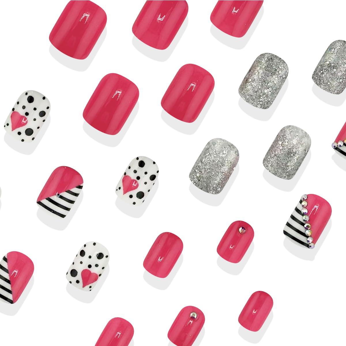 Valentine's Day Press on Nails Short Square 24Pcs - Glitter Rhinestone Heart Designs, Full Cover False Nails with Glossy Finish - Cute Acrylic Fake Nails for Women Manicure (Perfect for Valentine's Dates, Parties & Special Occasions)
