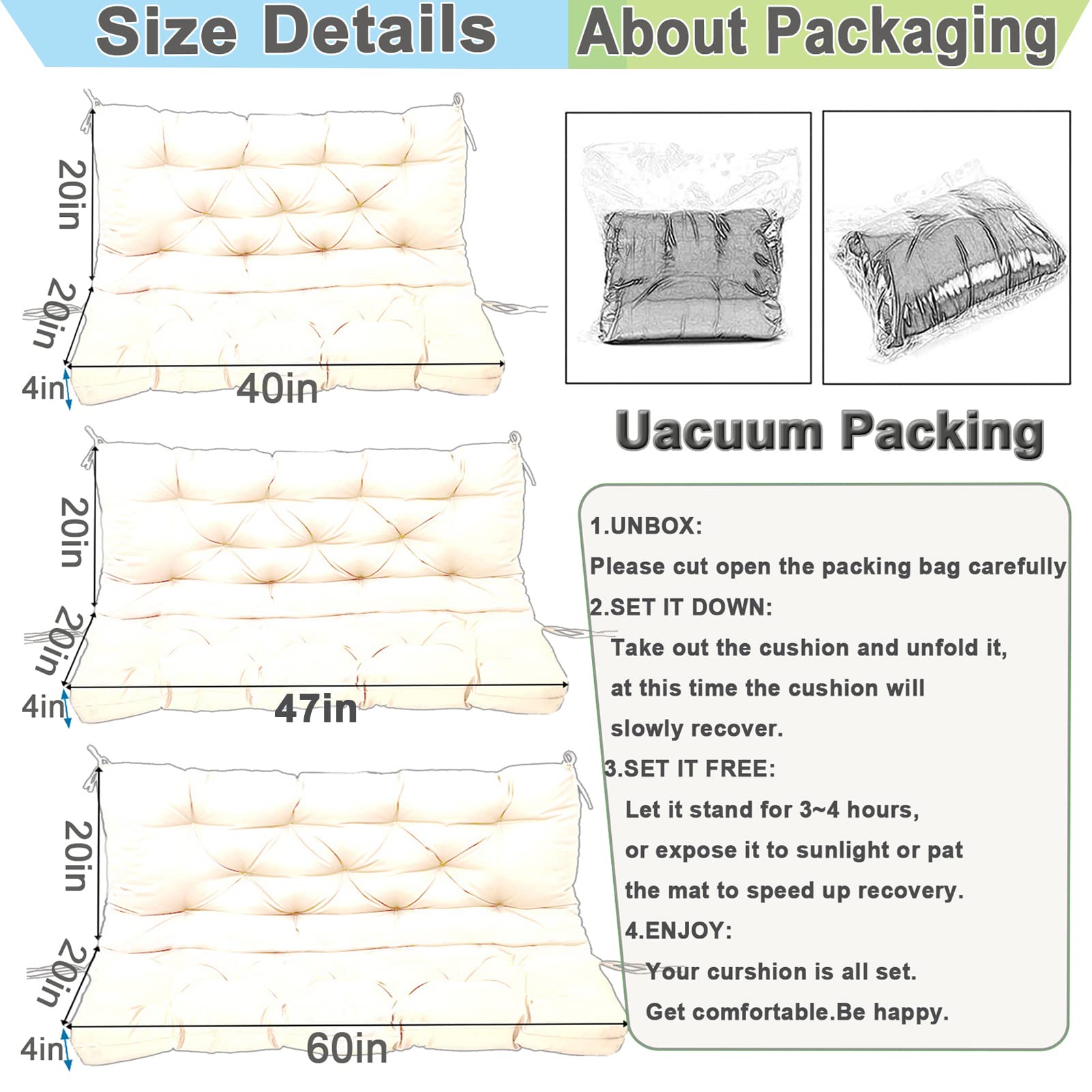 Waterproof Outdoor Swing Replacement Cushions with Backrest - 40x47 Inch Washable Garden Patio Loveseat Pad (Flower Pattern) - Perfect for Porch, Deck, and Backyard Relaxation