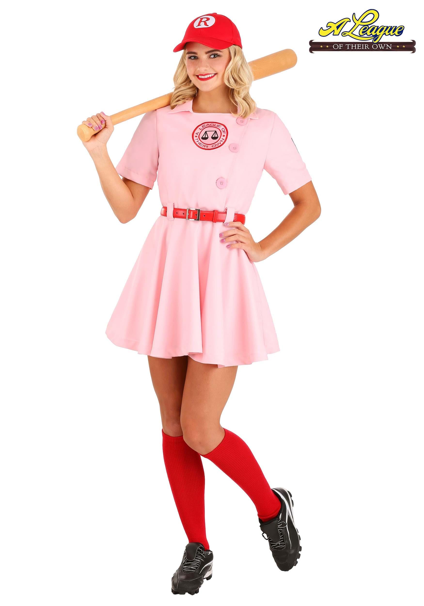 Vintage Pink Baseball Dress Costume for Adults - Dottie Inspired Outfit with Hat, Belt, Numbers & Socks | Halloween Cosplay, 90s Theme Party, Movie Character Costume