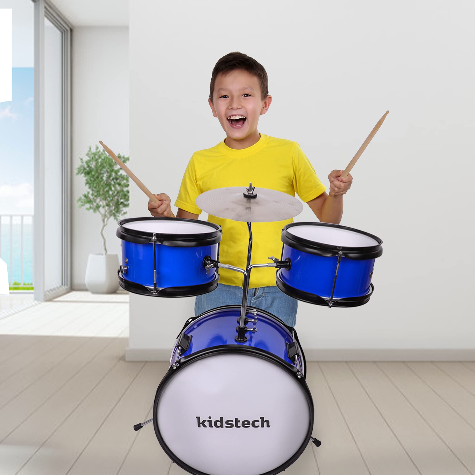 **Kidstech 5-Piece Junior & Adult Drum Set with Microphone, Drumsticks & Adjustable Seat - Musical Toy for Boys, Girls Ages 3+ - Perfect for Birthday Gifts, Home Play & Early Music Education (Large Size)**