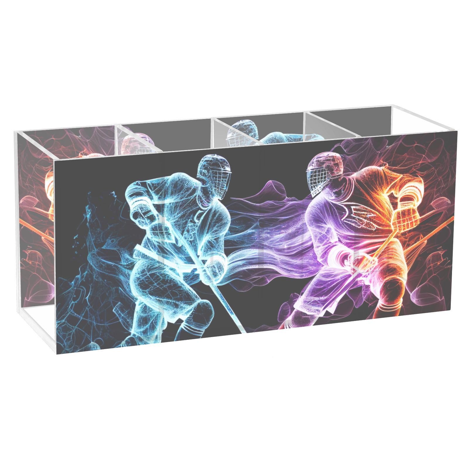 Abstract Hockey Players Acrylic Pen Holder - 4 Compartment Desk Organizer for Pencils, Brushes & Utensils - Personalized Pattern Office & Home Decor - Perfect for Sports Fans, Students & Professionals
