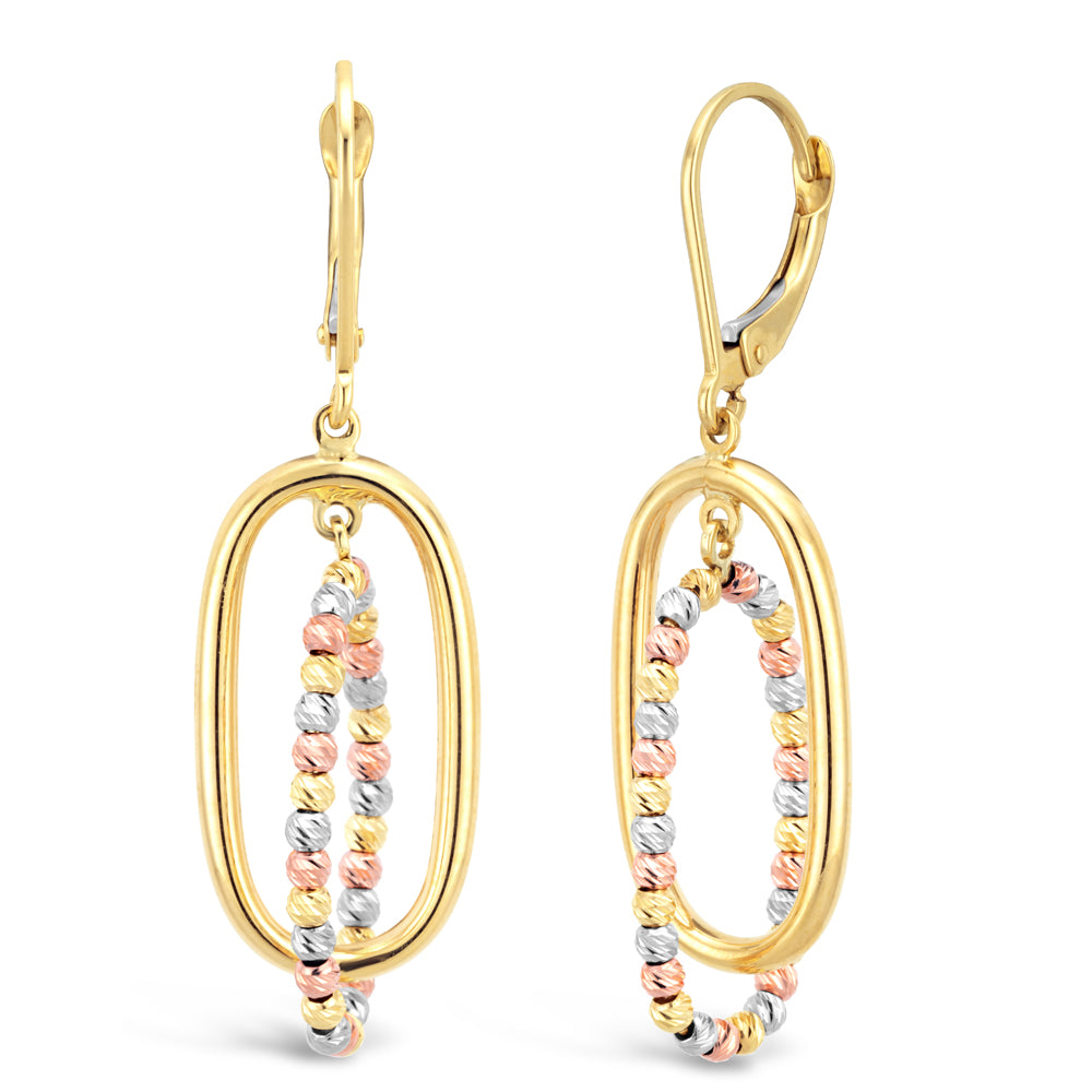 9ct Three-Tone Gold Fancy Diamond Cut Beaded Layered Drop Earrings for Women - Elegant Dangle Jewelry for Parties, Weddings & Special Occasions