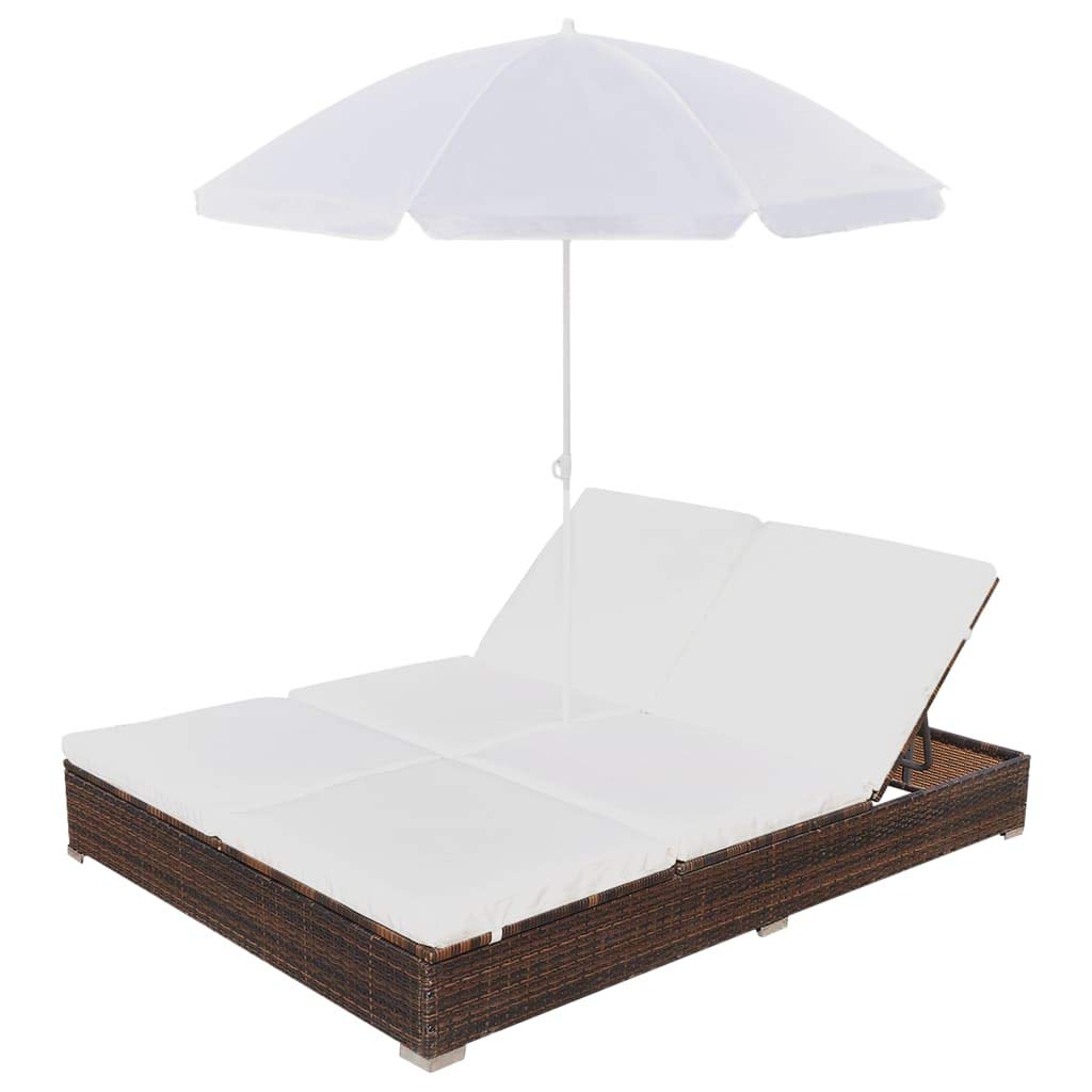 Brown Poly Rattan Patio Lounge Bed with Umbrella - Outdoor Reclining Couch for Garden, Poolside & Beach - Durable Patio Furniture for Relaxing, Sunbathing & Lounging