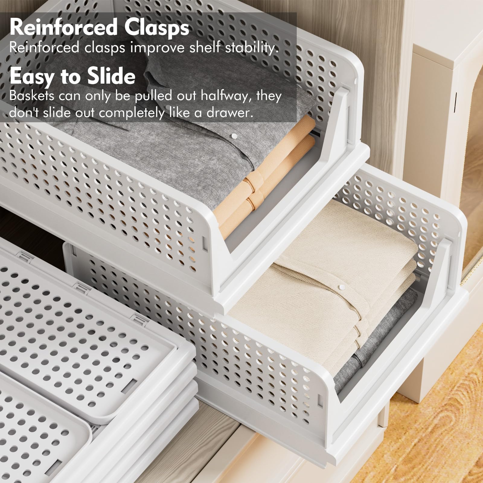 TidyIsles - 4 Pack Foldable Closet Organizer & Stackable Storage Boxes, Plastic Drawer Baskets for Bedroom, Kitchen, Bathroom Organization (White) | Perfect for Closet Shelving, Underbed Storage & Small Space Organization