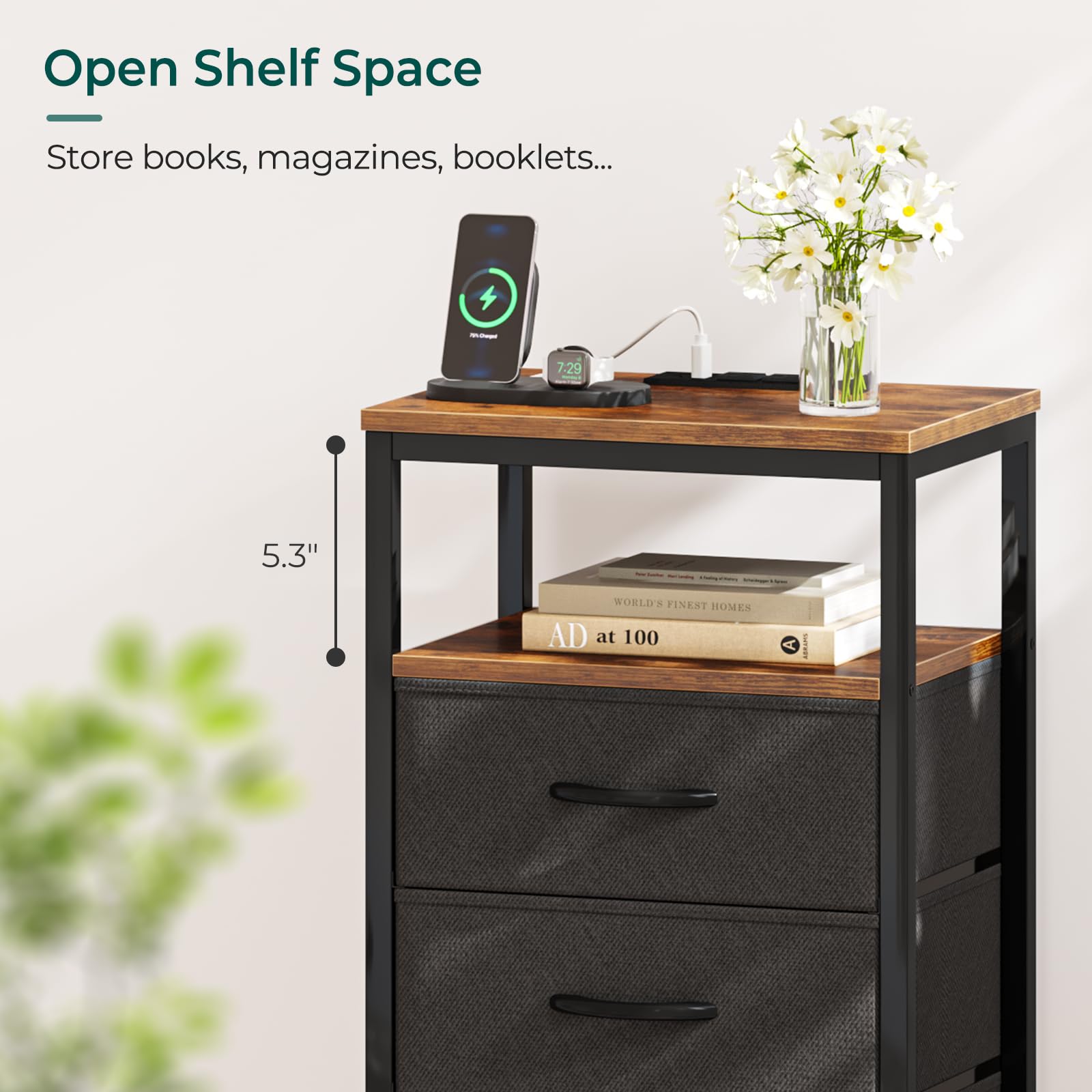 Huuger Nightstands Set of 2 - 27.6 Inch Rustic Brown and Black Bedside Tables with USB Charging Station, Fabric Drawers & Outlet - Perfect for Bedroom, Living Room or Guest Room Night Stands