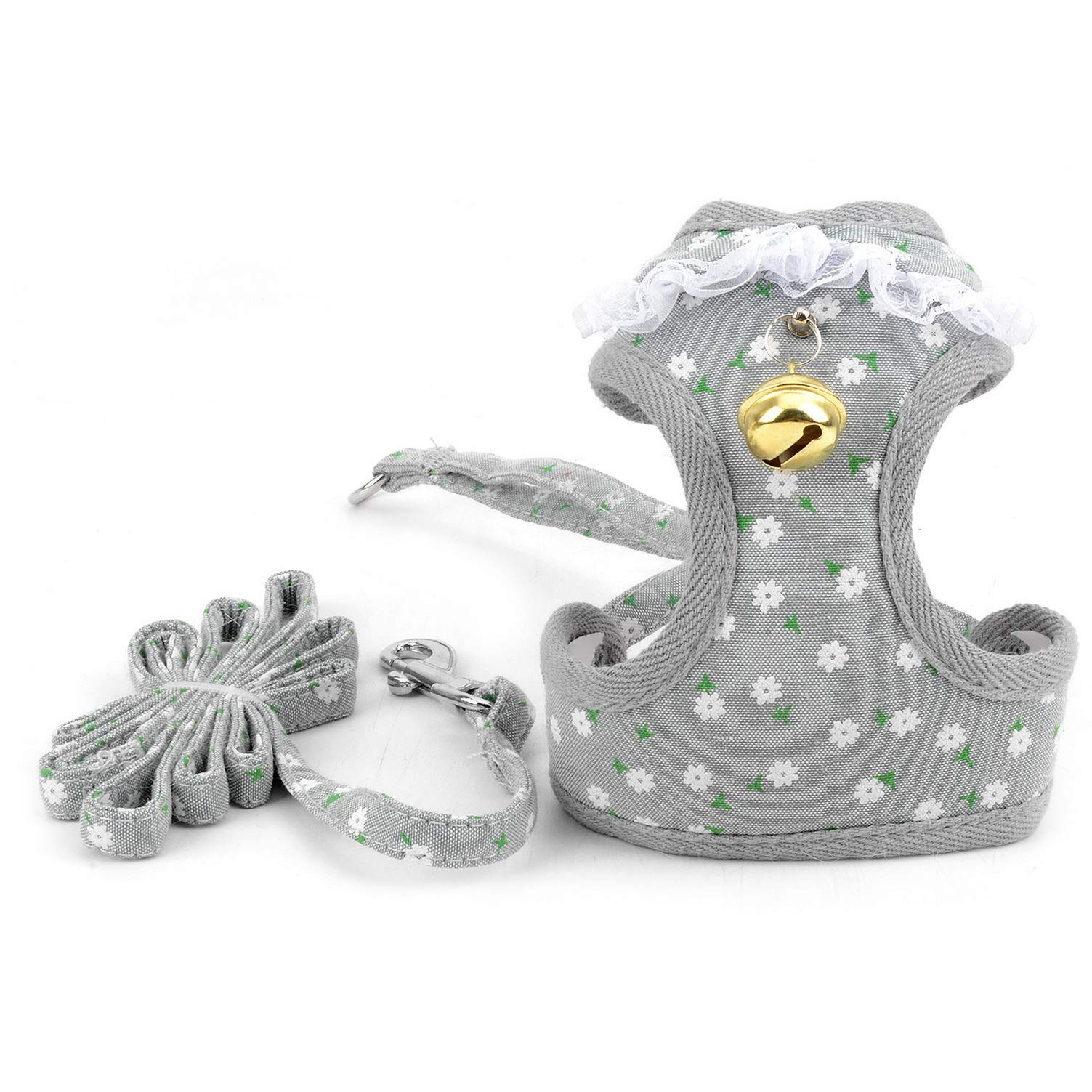 Escape-Proof Small Dog Vest Harness & Leash Set - Soft Mesh Padded Adjustable Puppy Summer Clothes with Lace Trim Collar Bell (Grey Flowers, Small) - Perfect for Walking, Training, and Outdoor Adventures with Your Kitten or Cat