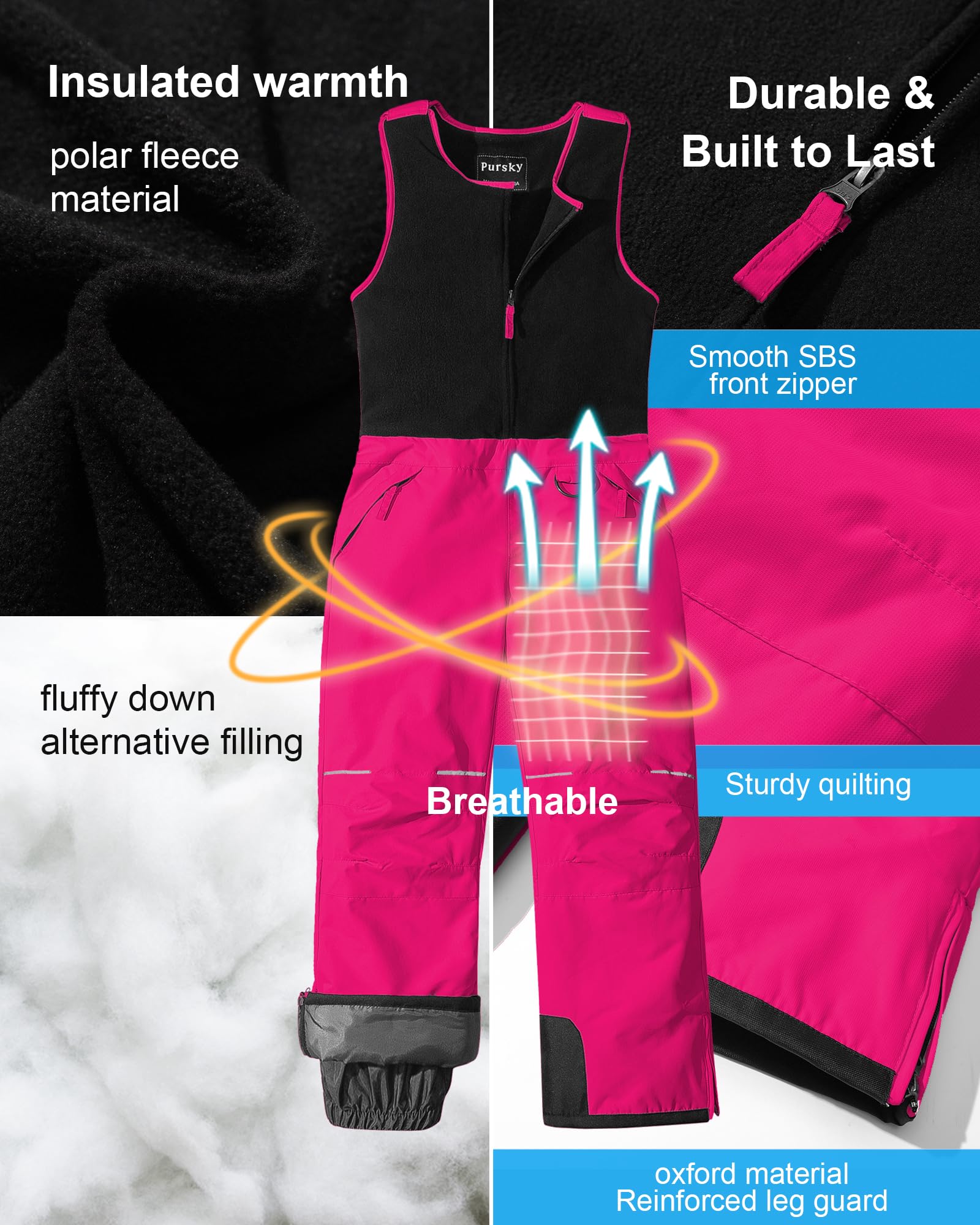 Pursky Kids Snow Pants for Girls - Insulated Waterproof Winter Ski Bibs, Fleece-Lined Snowboarding Overalls for Cold Weather - Perfect for Skiing, Snowboarding & Outdoor Winter Play