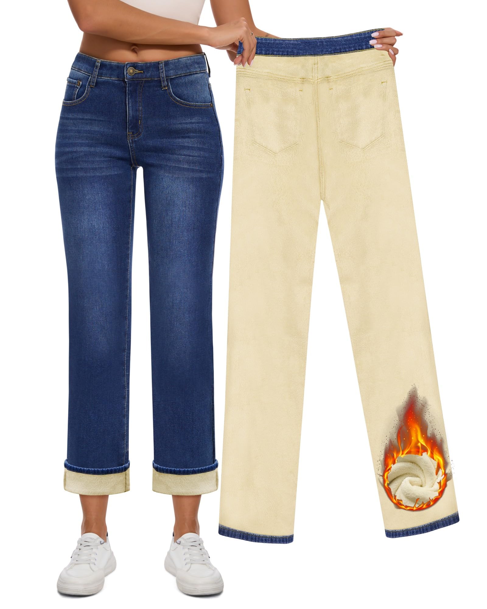 Women's High Waisted Fleece Lined Jeans - Winter Warm Straight Leg Denim Pants for Casual Wear, Work & Outdoor Activities