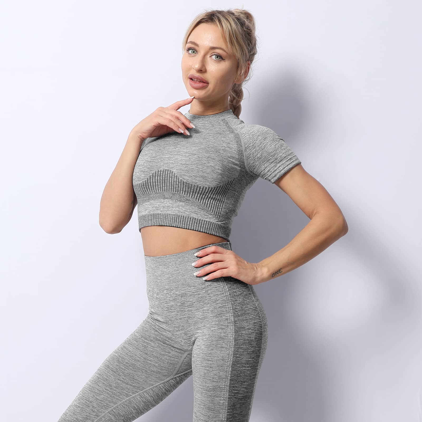 FeelinGirl Women's 2-Piece Seamless Workout Set - Ribbed Crop Top & High Waist Yoga Leggings | Gym, Running, Pilates & Lounge Wear