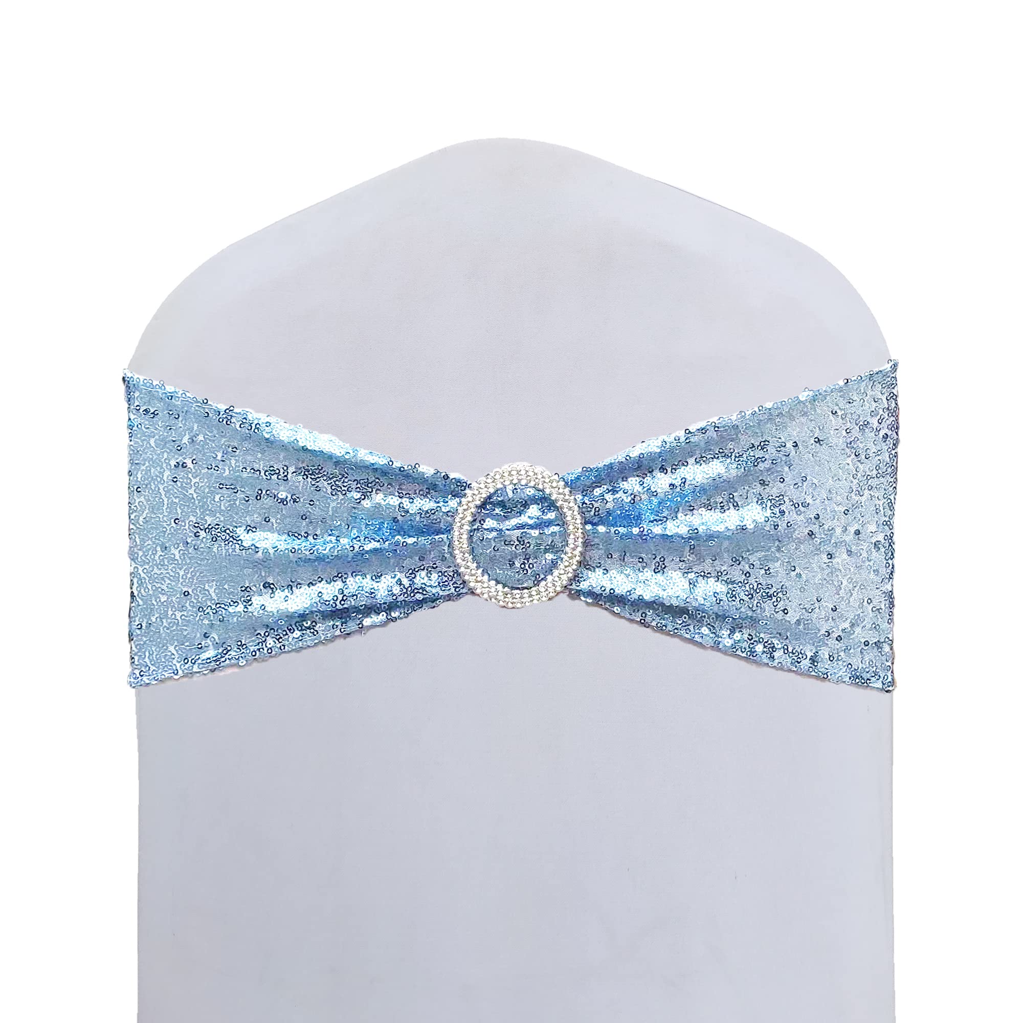 High Elastic Sequin Chair Sashes with Buckle - Soft Stretch Shining Chair Bows for Wedding, Birthday Party & Home Decoration (Light Blue, 10 Pack) - Perfect for Banquet Decor, Bridal Showers & Special Events