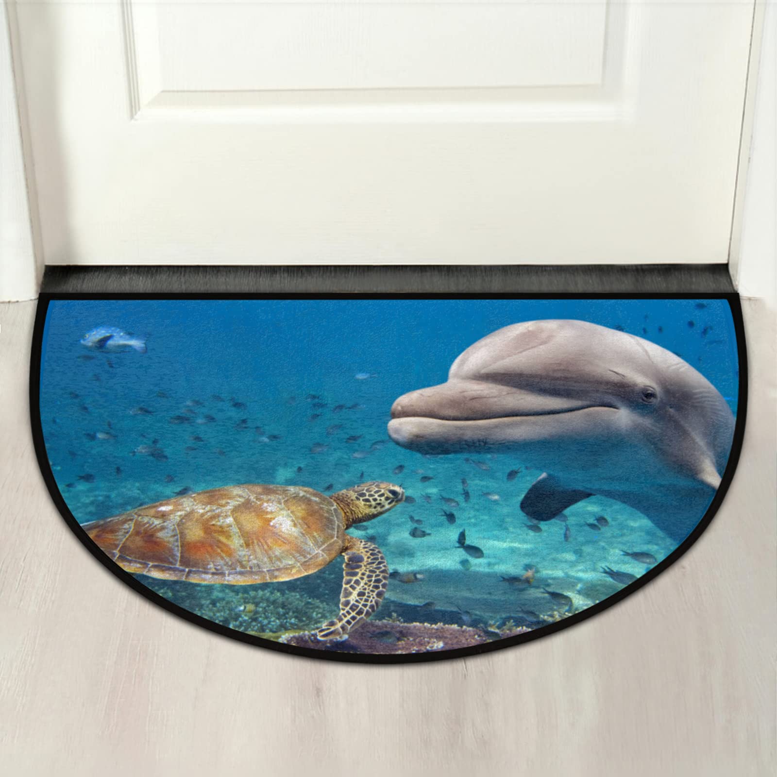Non-Slip Half Round Door Mat with Ocean Animal Design - Turtle & Dolphin Print Indoor/Outdoor Welcome Rug (36x24 Inch) for Entryway, Porch, and Home Decor