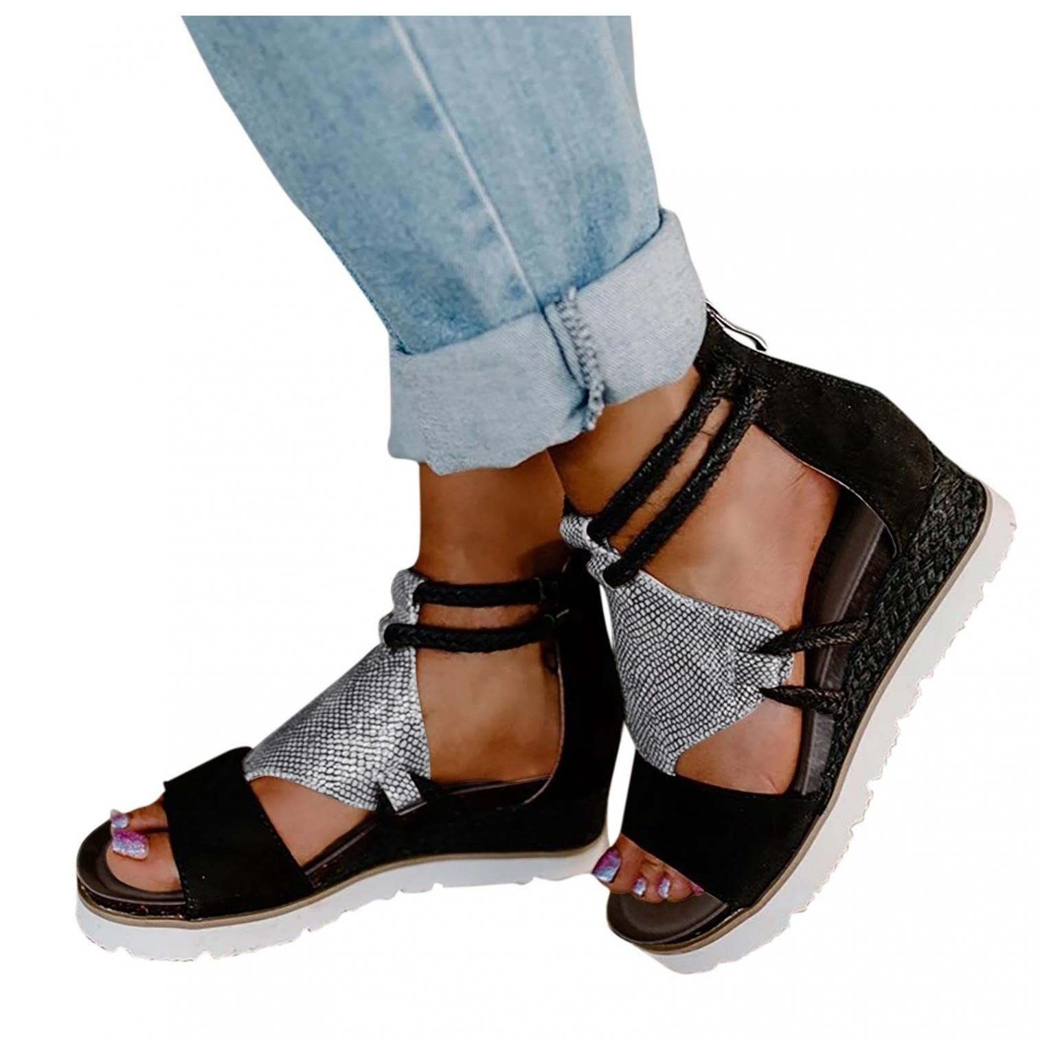 Women's Braided Gladiator Sandals - Peep Toe Platform Wedges with Ankle Strap | Casual Summer Flip Flops for Beach, Vacation & Outdoor Wear