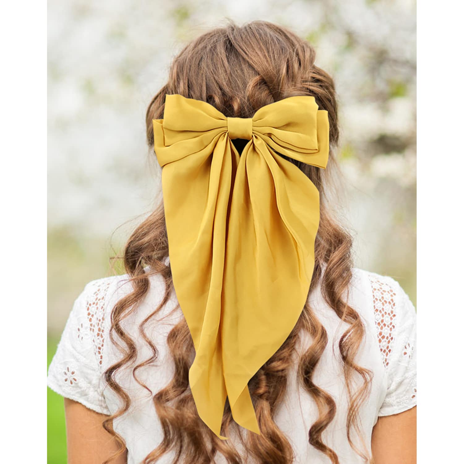 6 Pack Oversized Satin Hair Bows for Women - Large Bow Hair Clips with Long Silky Ribbon Tails - Elegant French Barrette Ponytail Holder for Parties, Weddings & Daily Hair Accessories