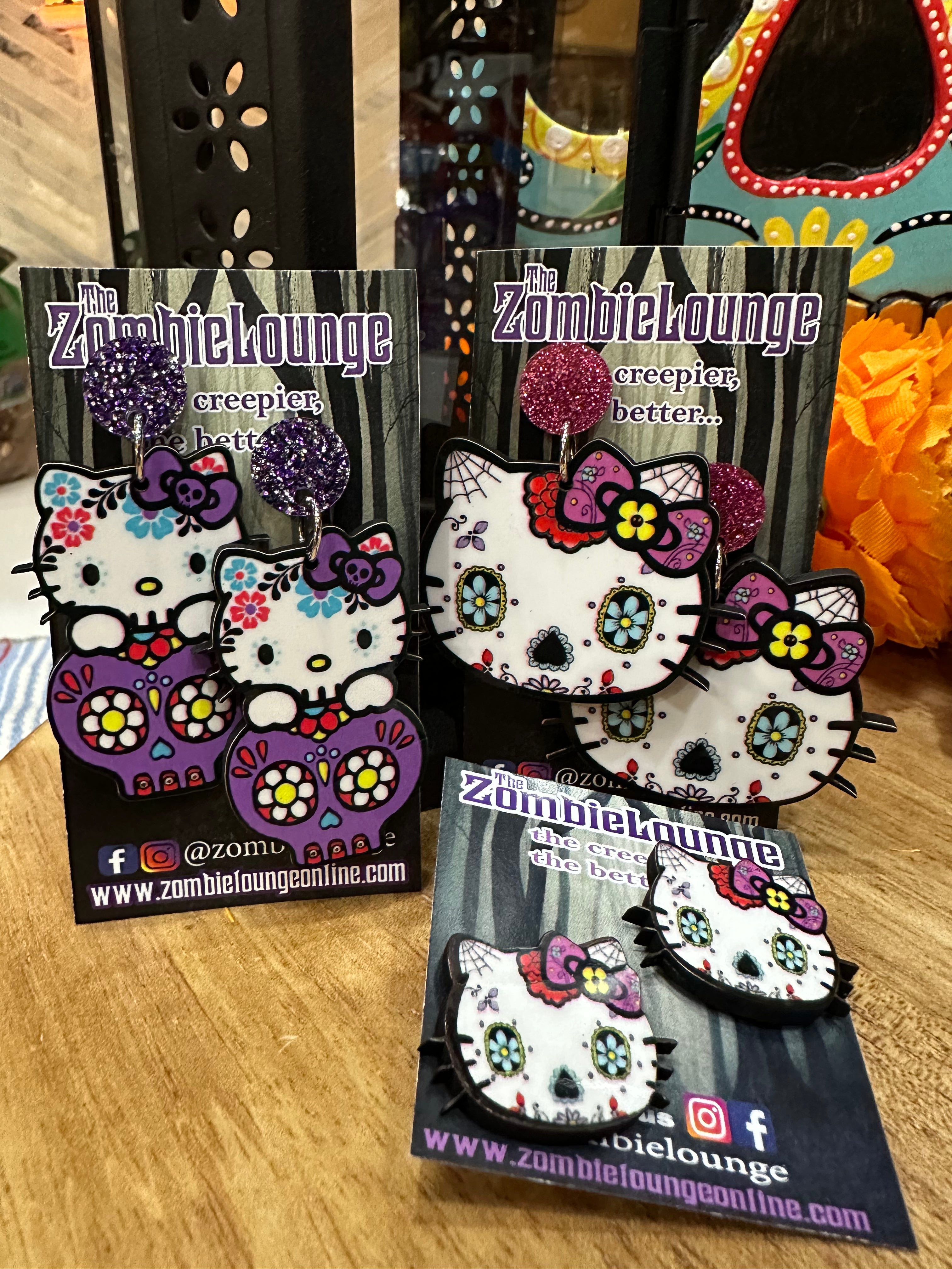 Sugar Skull Cat Earrings for Women - Gothic Day of the Dead Jewelry - Perfect for Halloween, Dia de los Muertos & Alternative Fashion