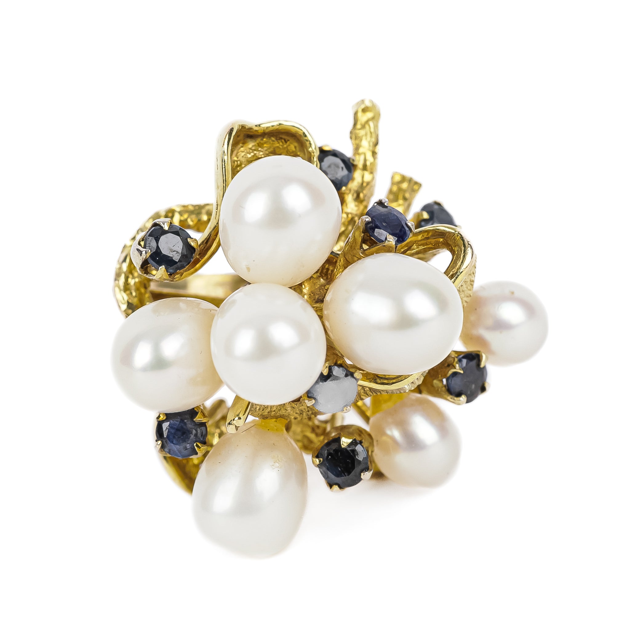 14K Yellow Gold Pearl & Sapphire Cluster Ring for Women - Elegant Vintage Style Jewelry Gift for Anniversary, Engagement & Special Occasions
