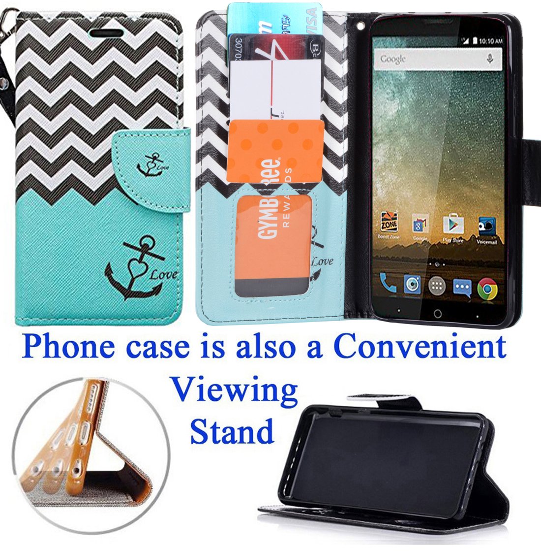 ZTE Uhura Ultra Quest Legacy N817 Phone Case - Love Anchor Teal Hybrid Wallet Grip with Textured Kickstand, Flip Cover & Screen Protection for Everyday Use and Travel