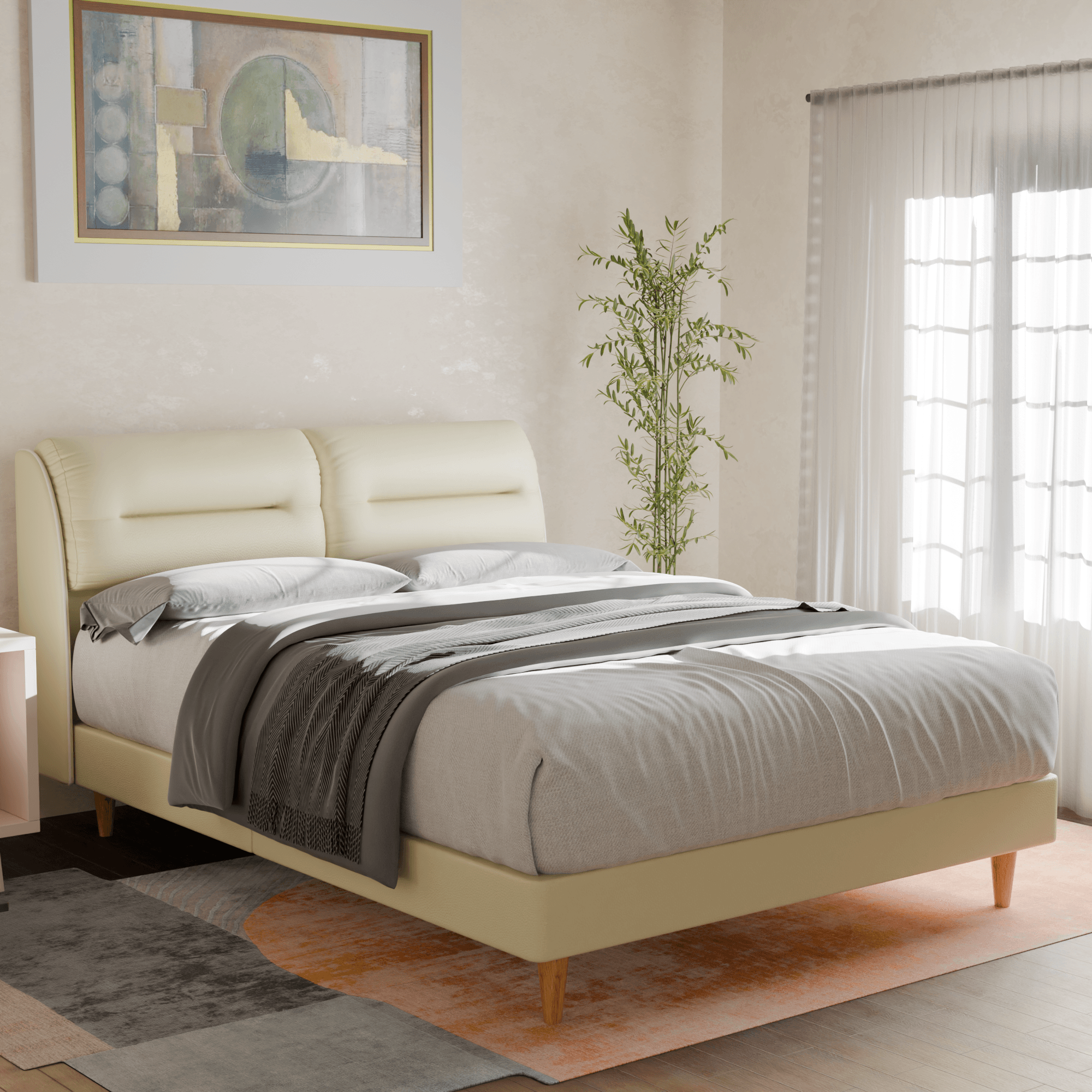 Hanubee Queen Size Faux Leather Upholstered Platform Bed Frame with Wooden Slats - Modern Bedroom Furniture for Home Decor & Small Spaces