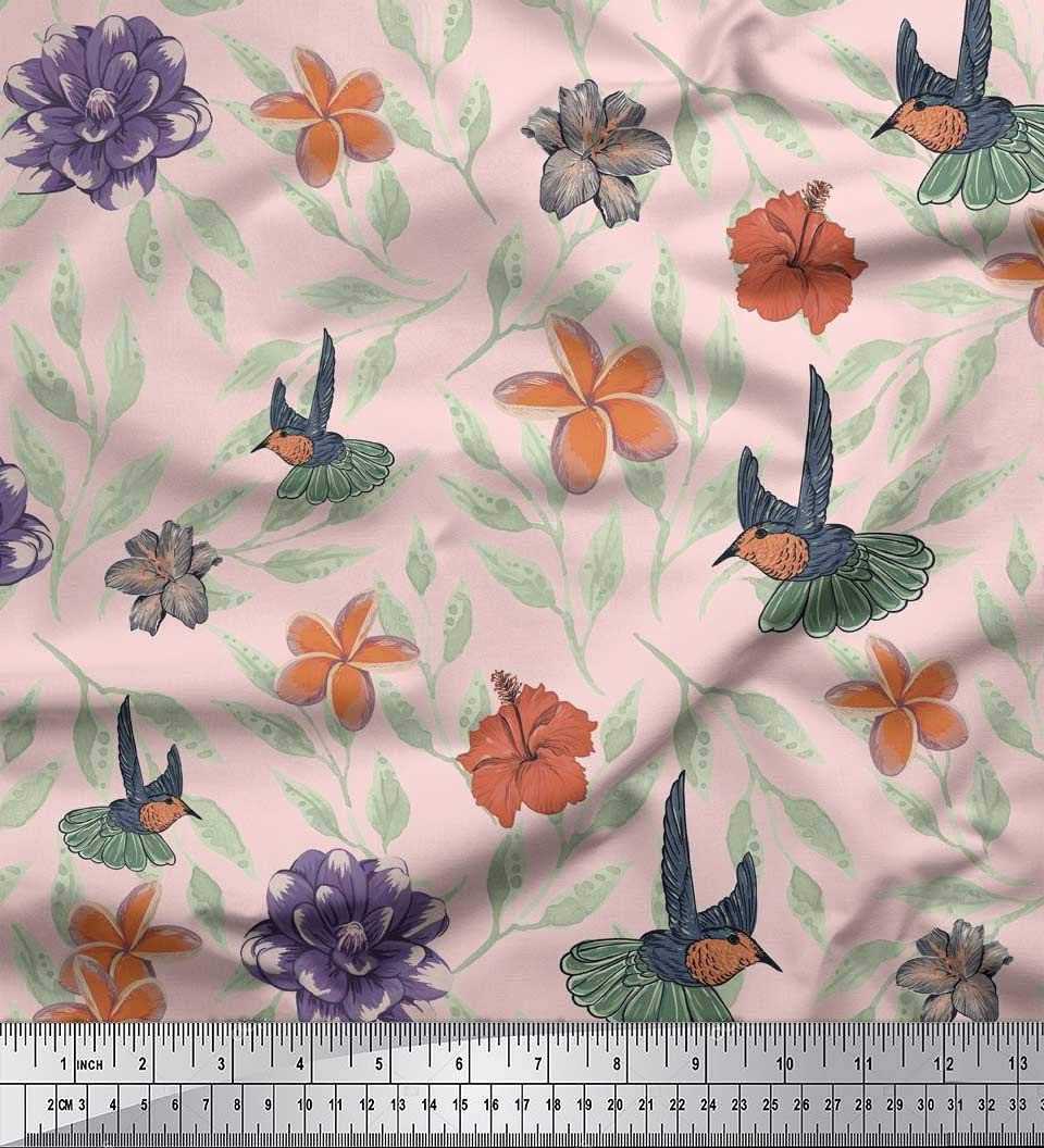Soimoi Moss Georgette Pink Fabric by The Yard - 42 Inch Wide Flying Bird Floral Printed Fabric for DIY Crafts, Dressmaking & Home Decor - Whimsical Playful Pattern Material