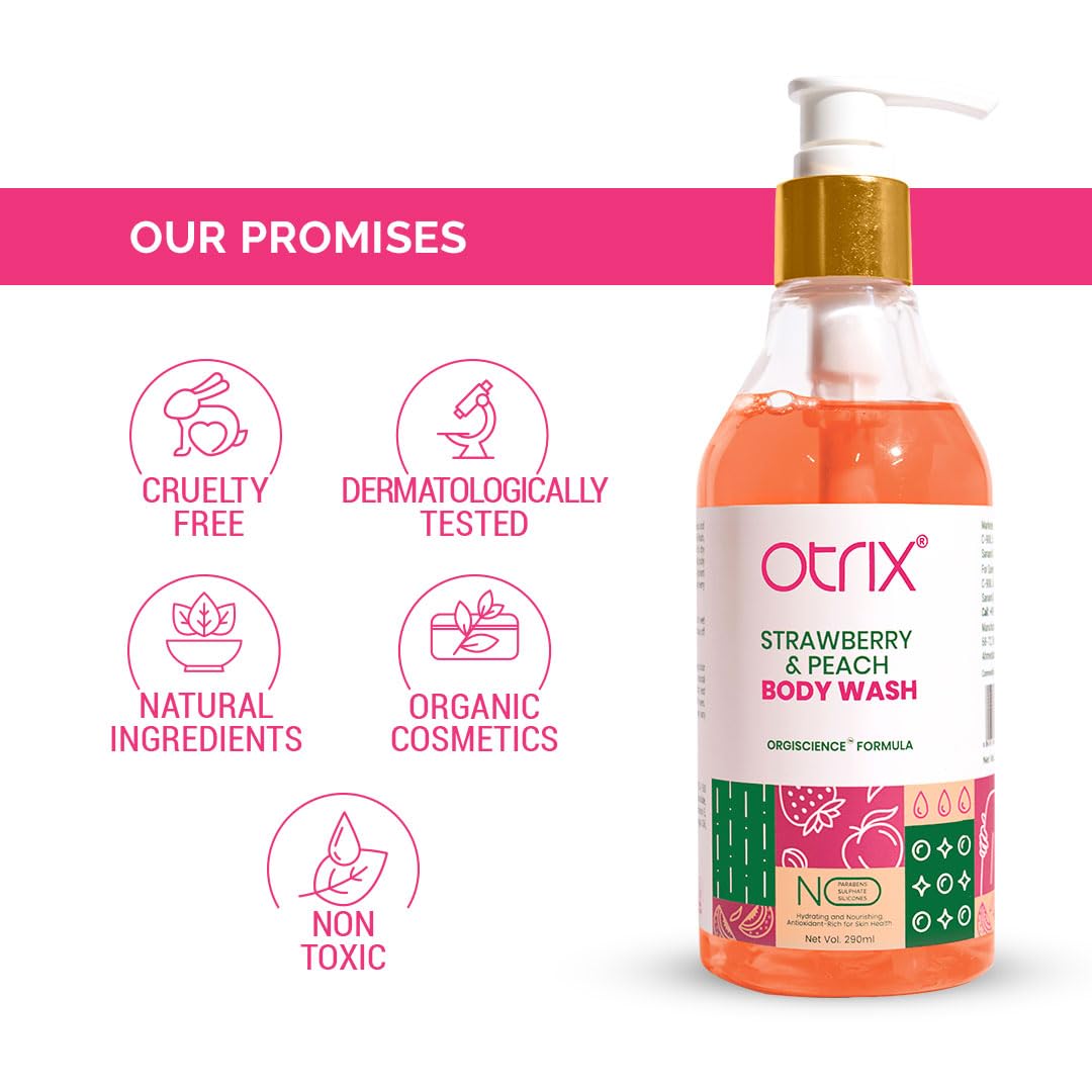 Otrix Strawberry and Peach Hydrating Body Wash | Sulfate & Paraben-Free Moisturizing Shower Gel for Women & Men | Gentle Cleansing with Rejuvenating Aroma | 290ml | Perfect for Dry Skin & Daily Relaxation