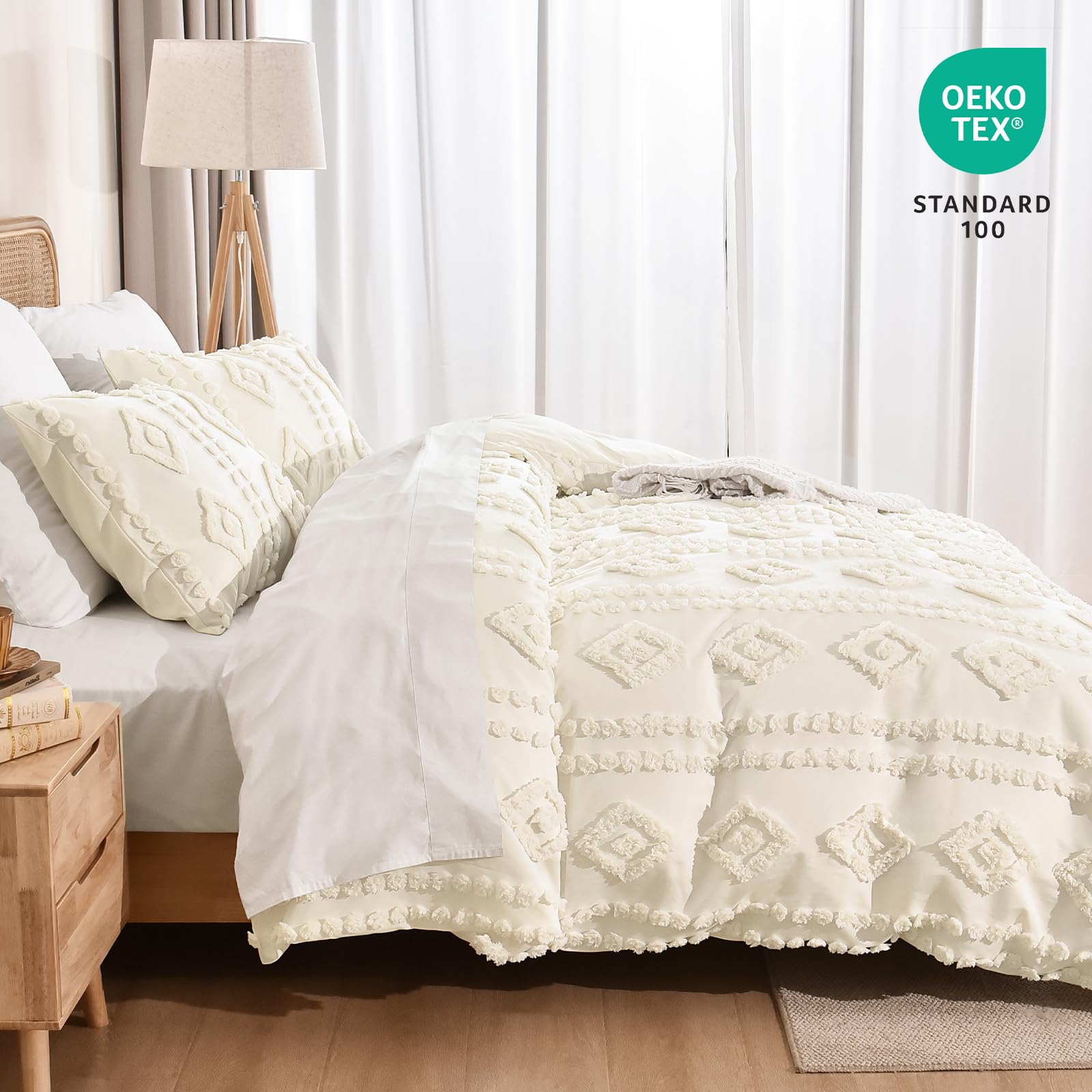 PHF Boho Duvet Cover King Size - Soft Tufted 3-Piece Bedding Set with 2 Pillowcases, Textured Shabby Chic Design for All Seasons, Snow White 104